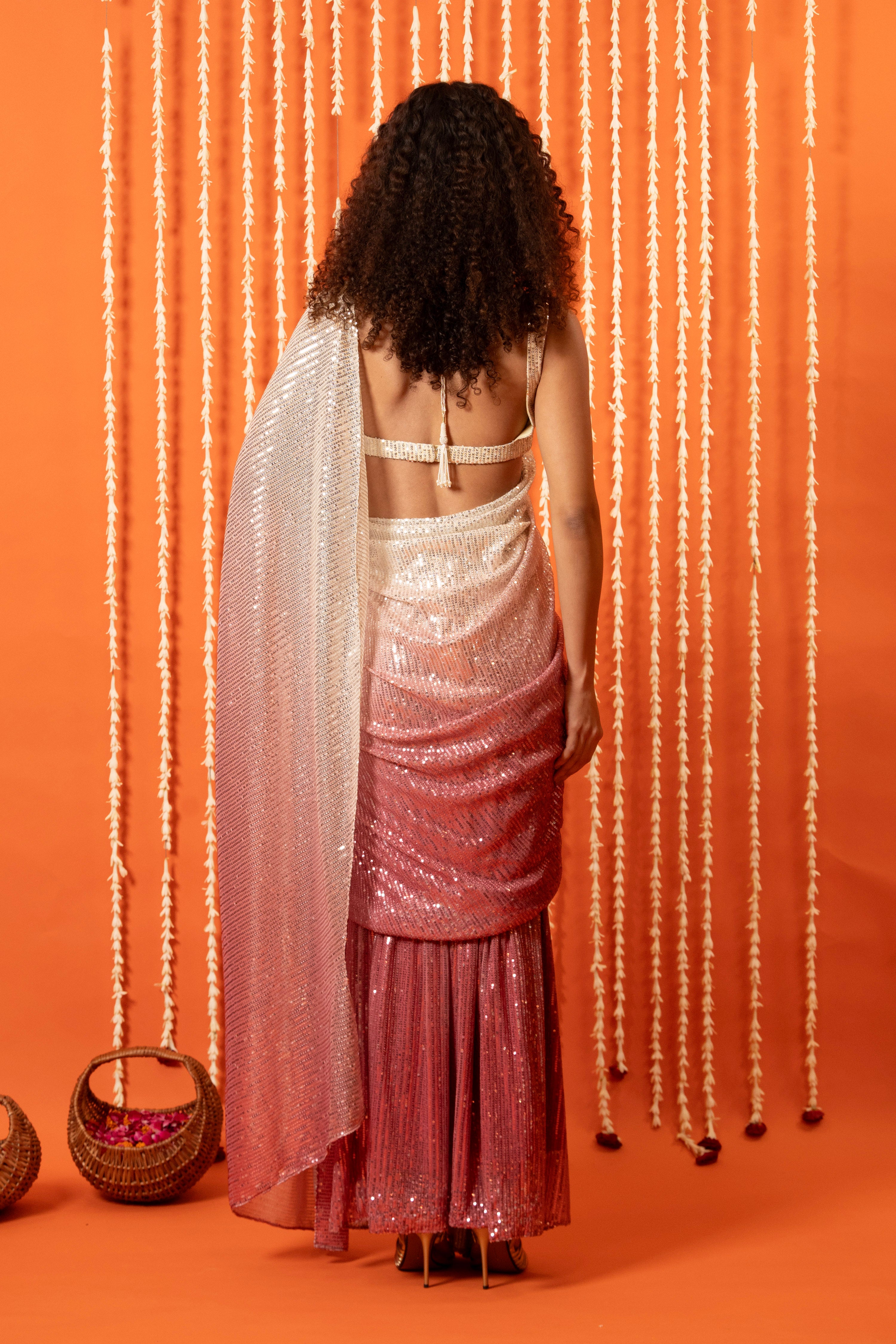 Pink Ombre Effect Sequins Pre Stitched Saree