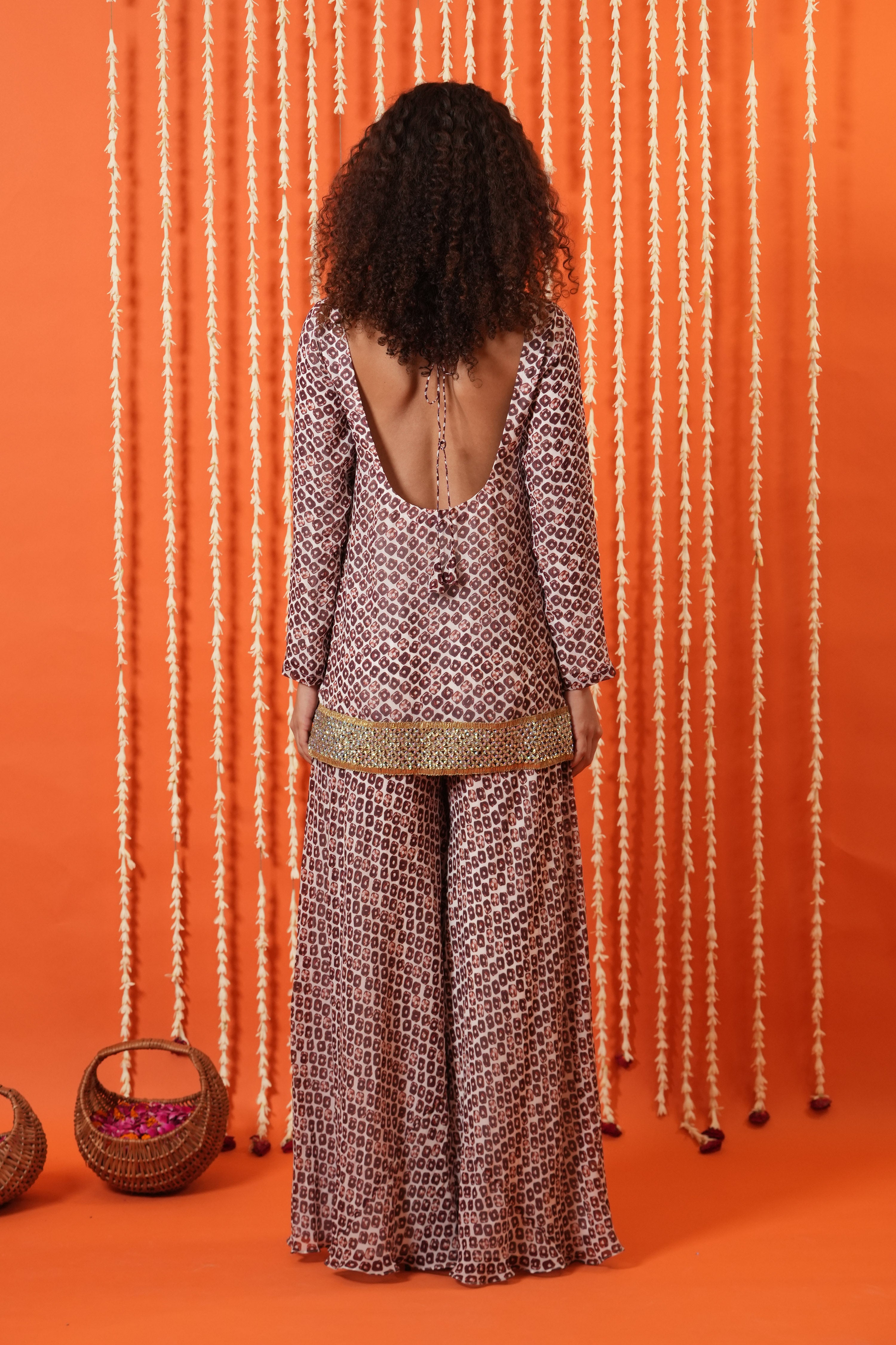 Boat Neck Backless Kurta With Flared Pants Set