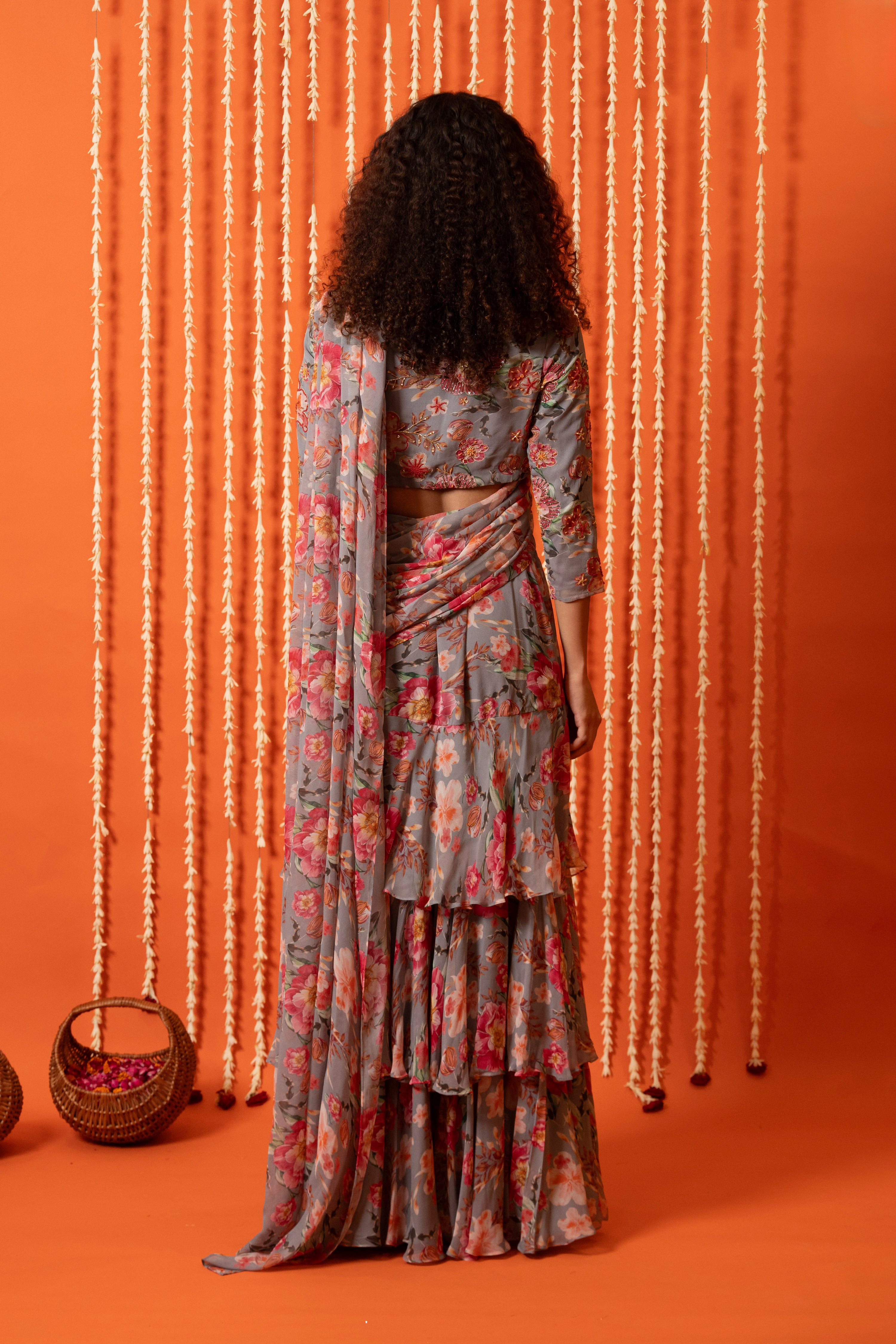 Embroidered Blouse Ruffled Pre Stitched Saree