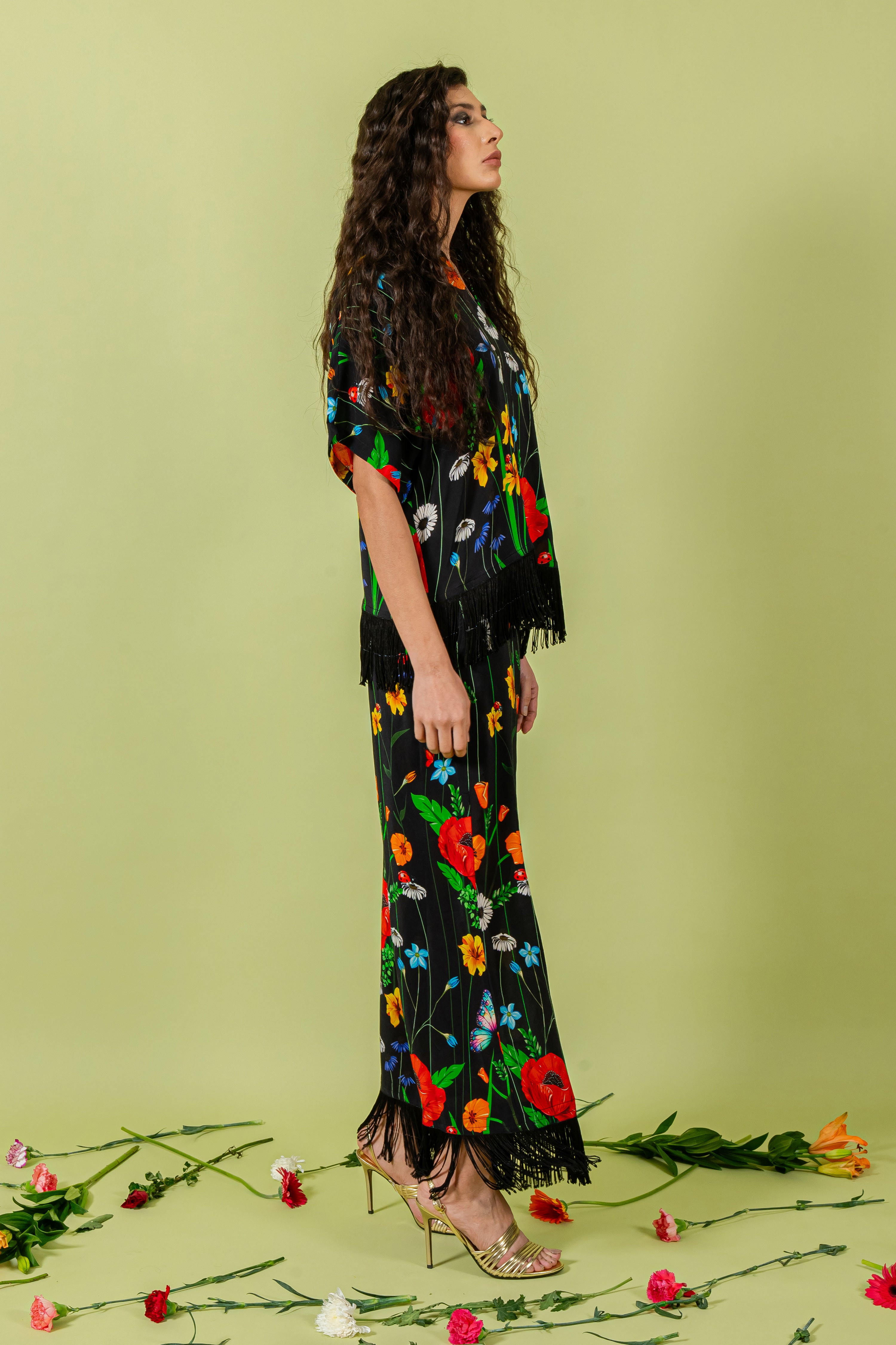 Black Floral Free Size Shirt & Pants with Fringe Detail