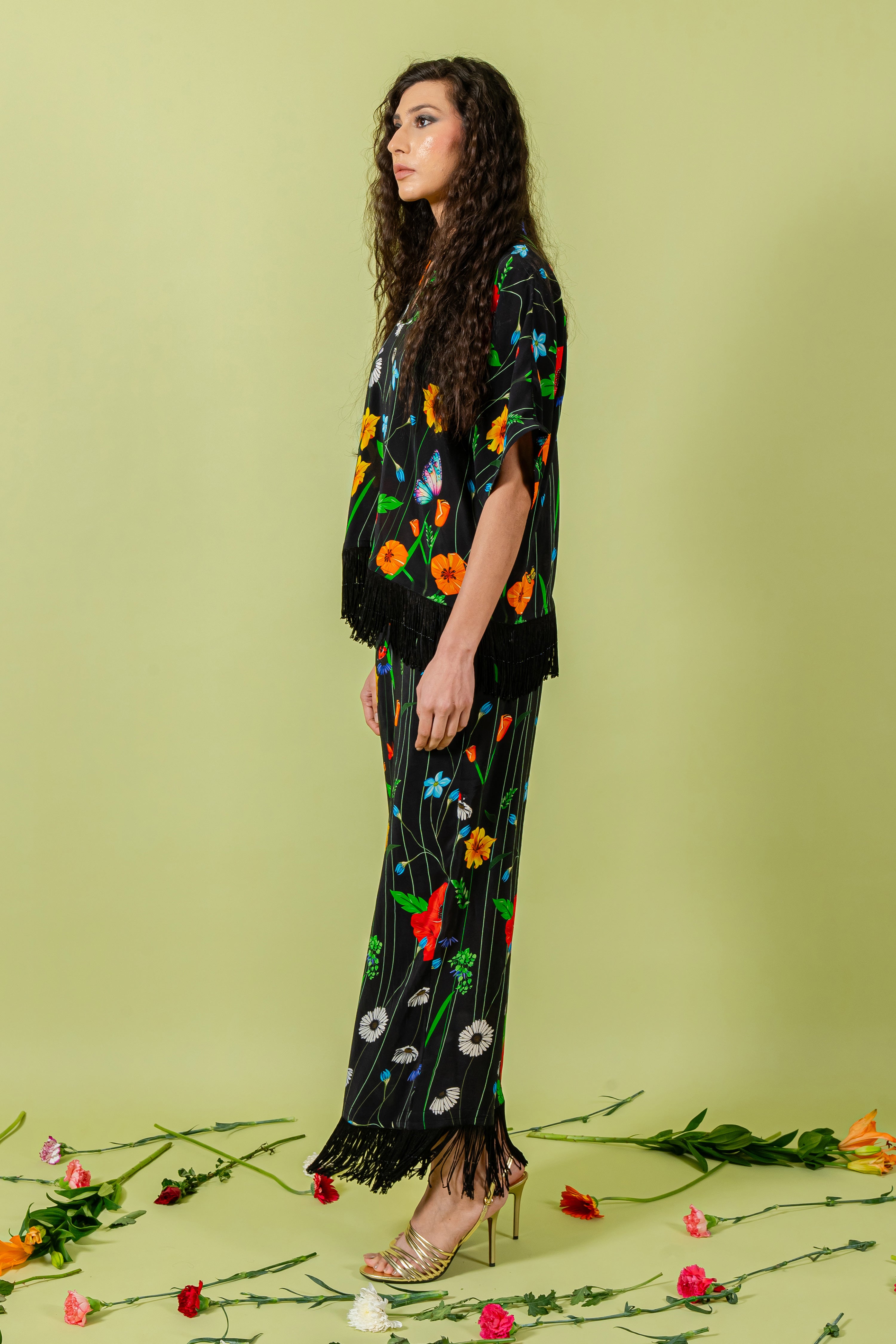 Black Floral Free Size Shirt & Pants with Fringe Detail