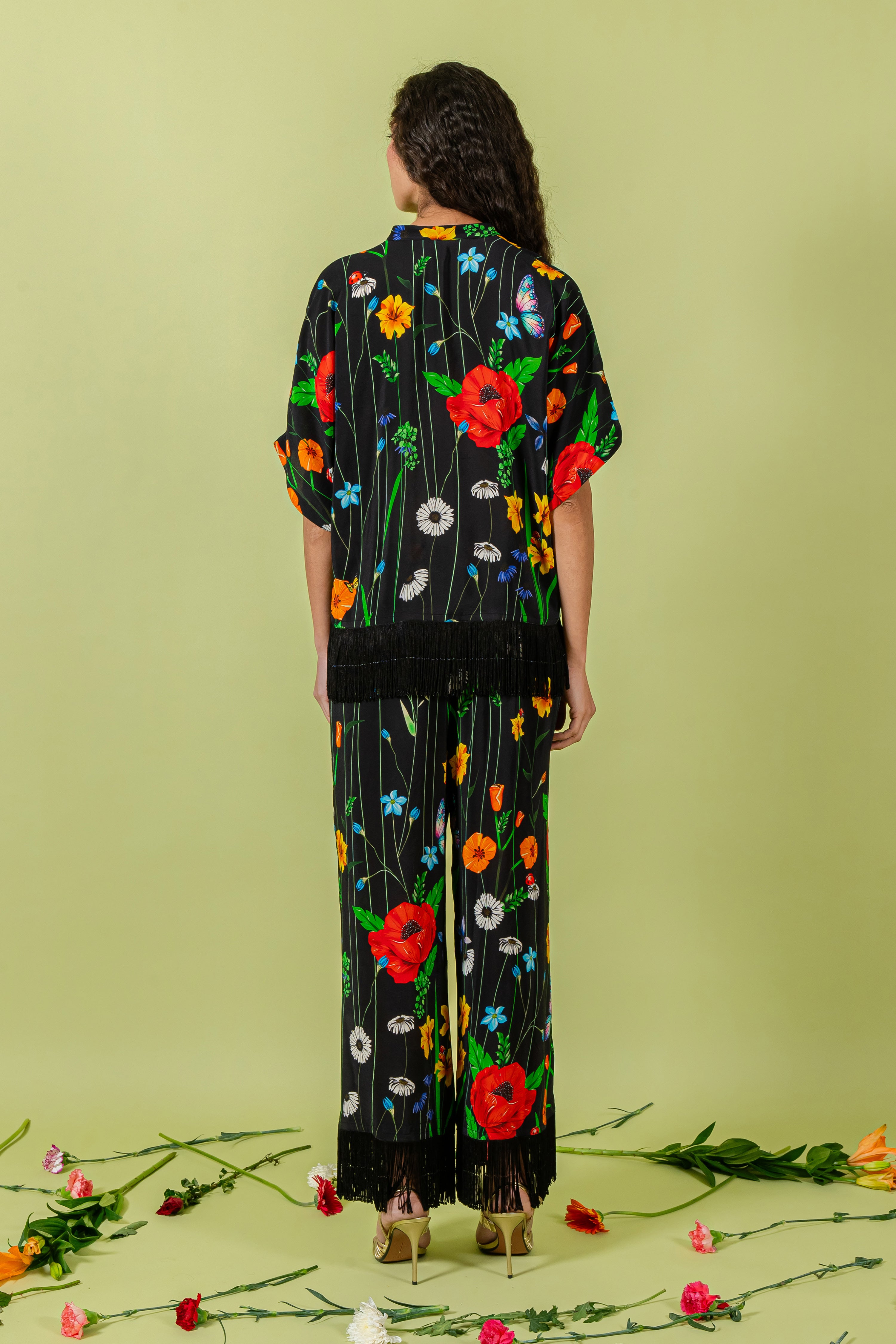 Black Floral Free Size Shirt & Pants with Fringe Detail