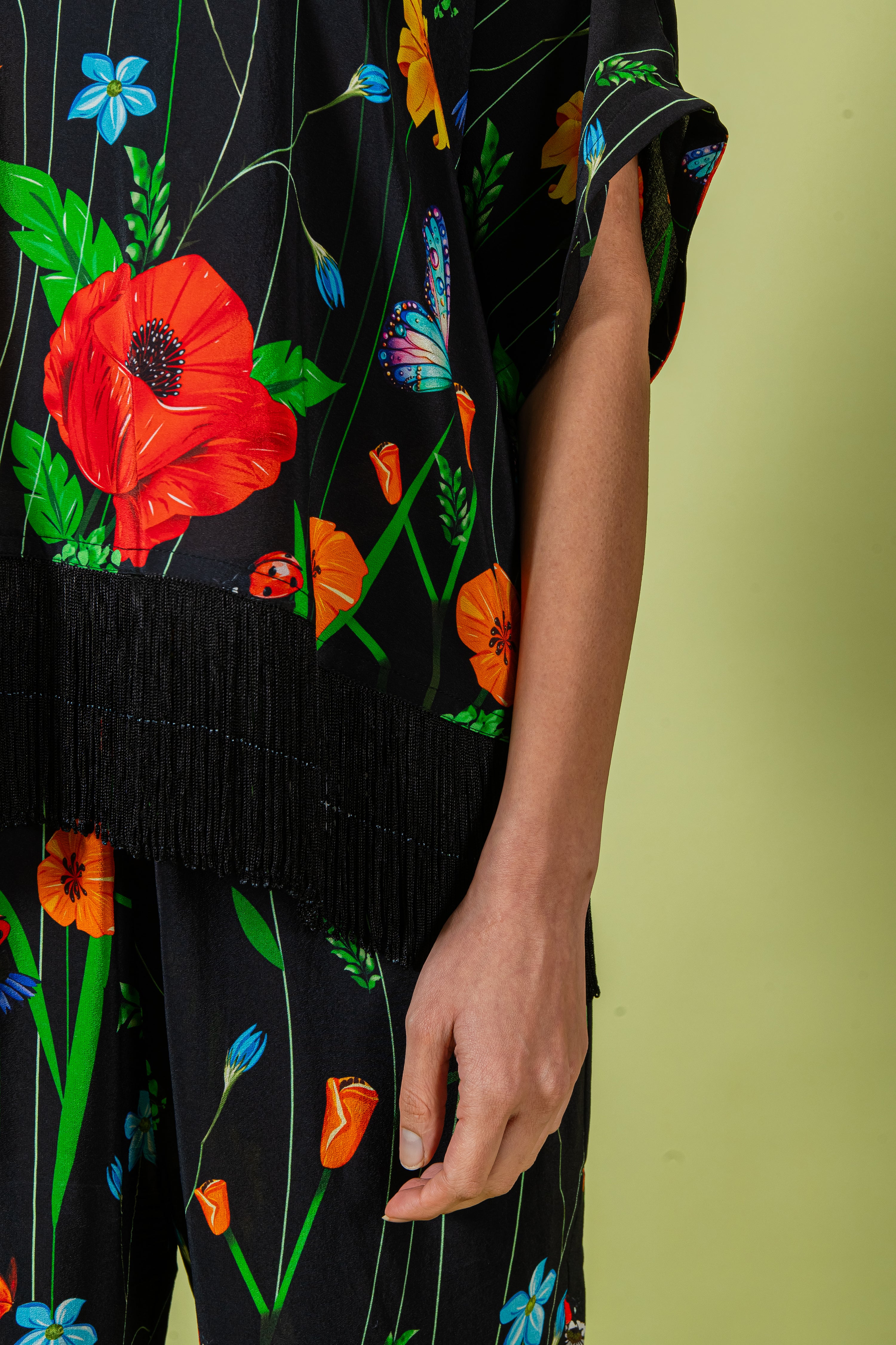 Black Floral Free Size Shirt & Pants with Fringe Detail