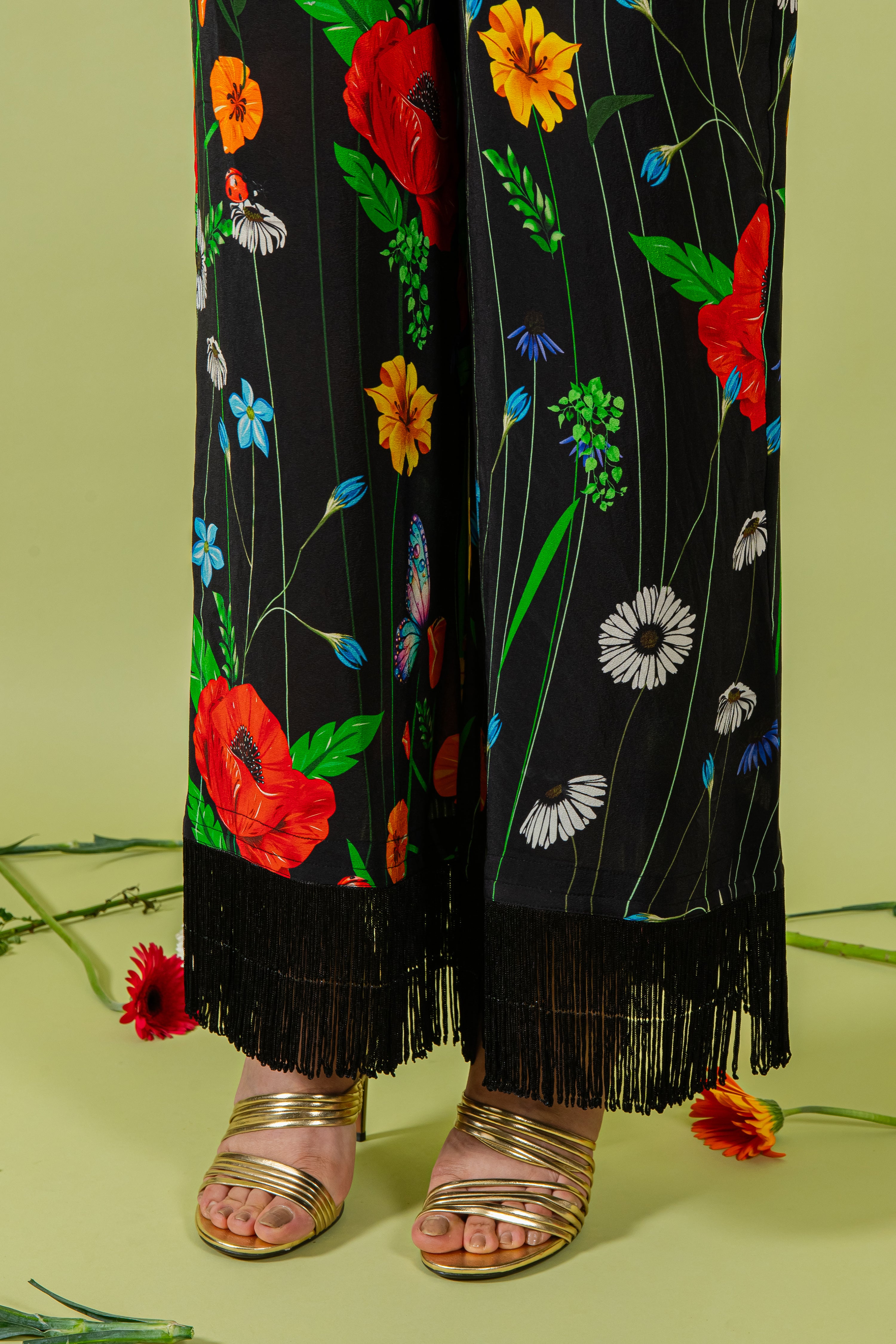 Black Floral Free Size Shirt & Pants with Fringe Detail
