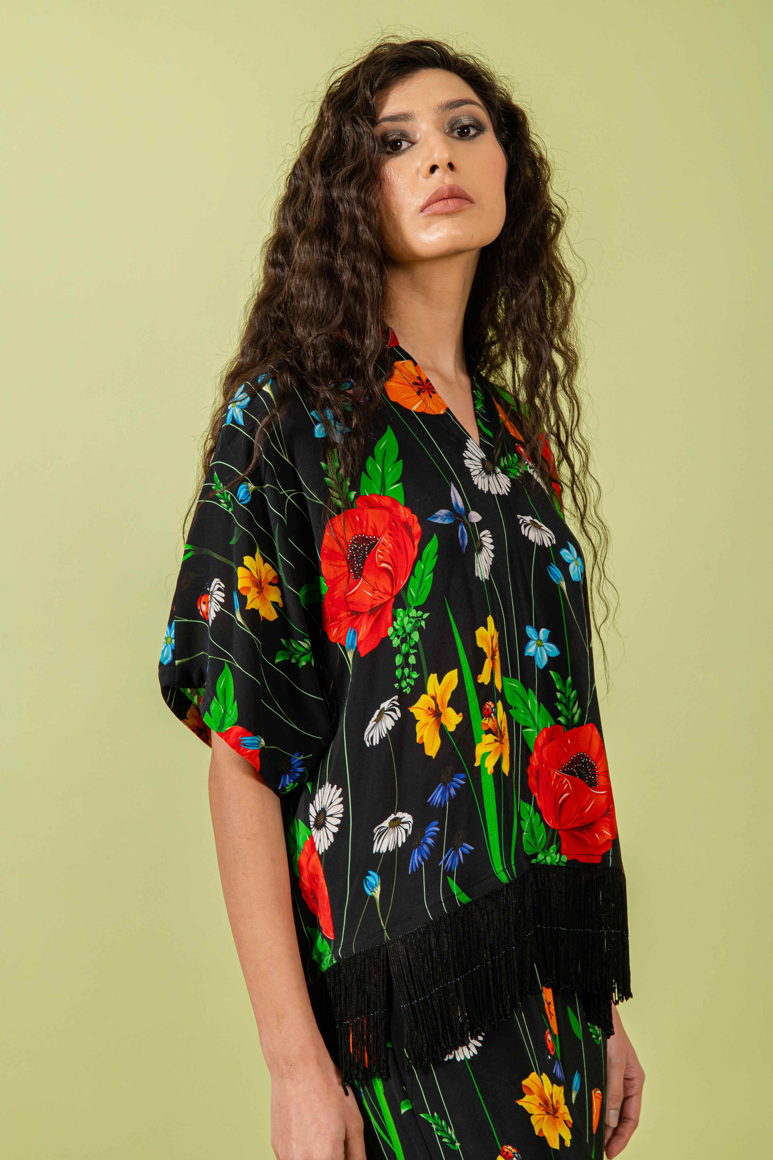 Black Floral Free Size Shirt & Pants with Fringe Detail