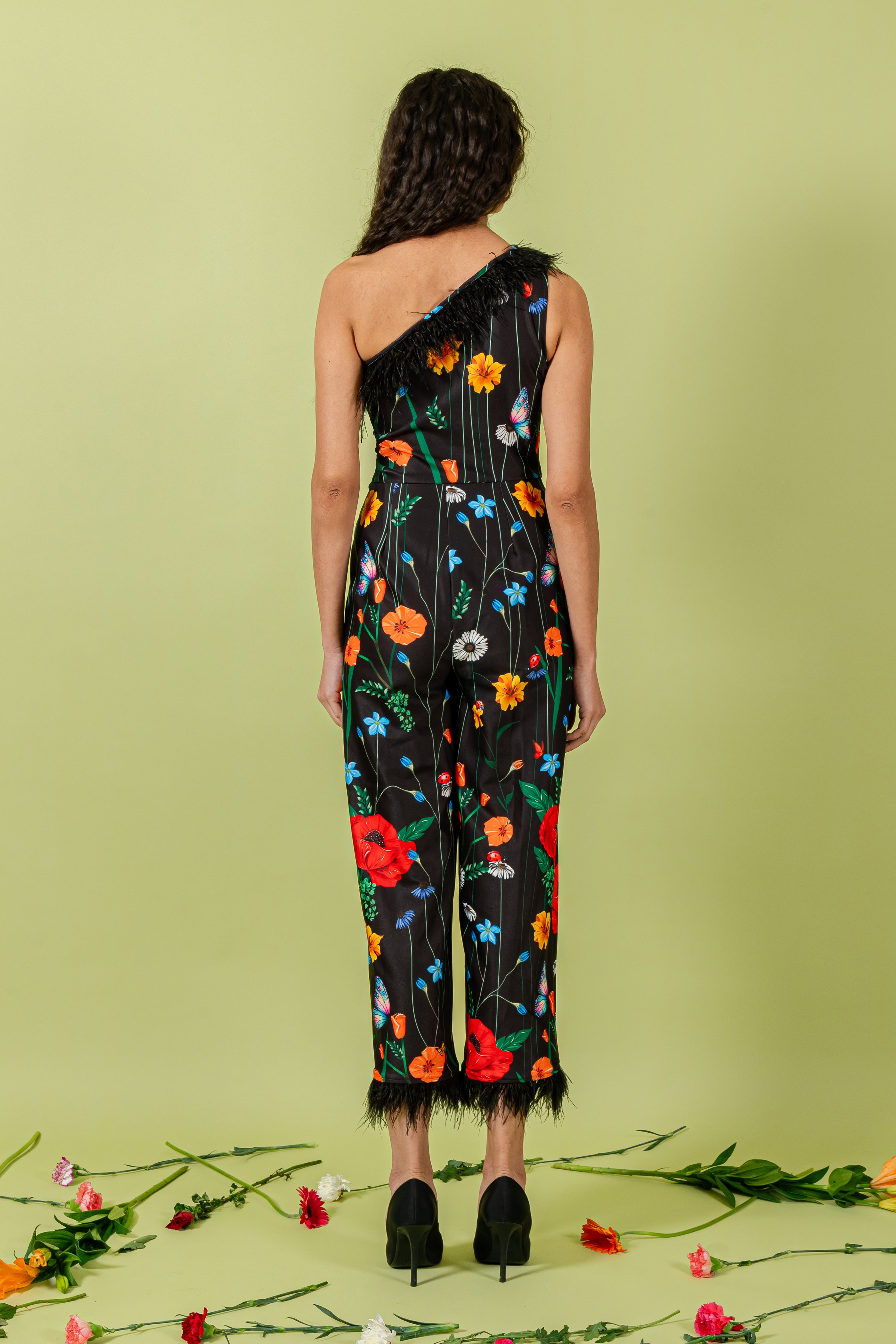 Black Floral One Shoulder Sleeveless Jumpsuit