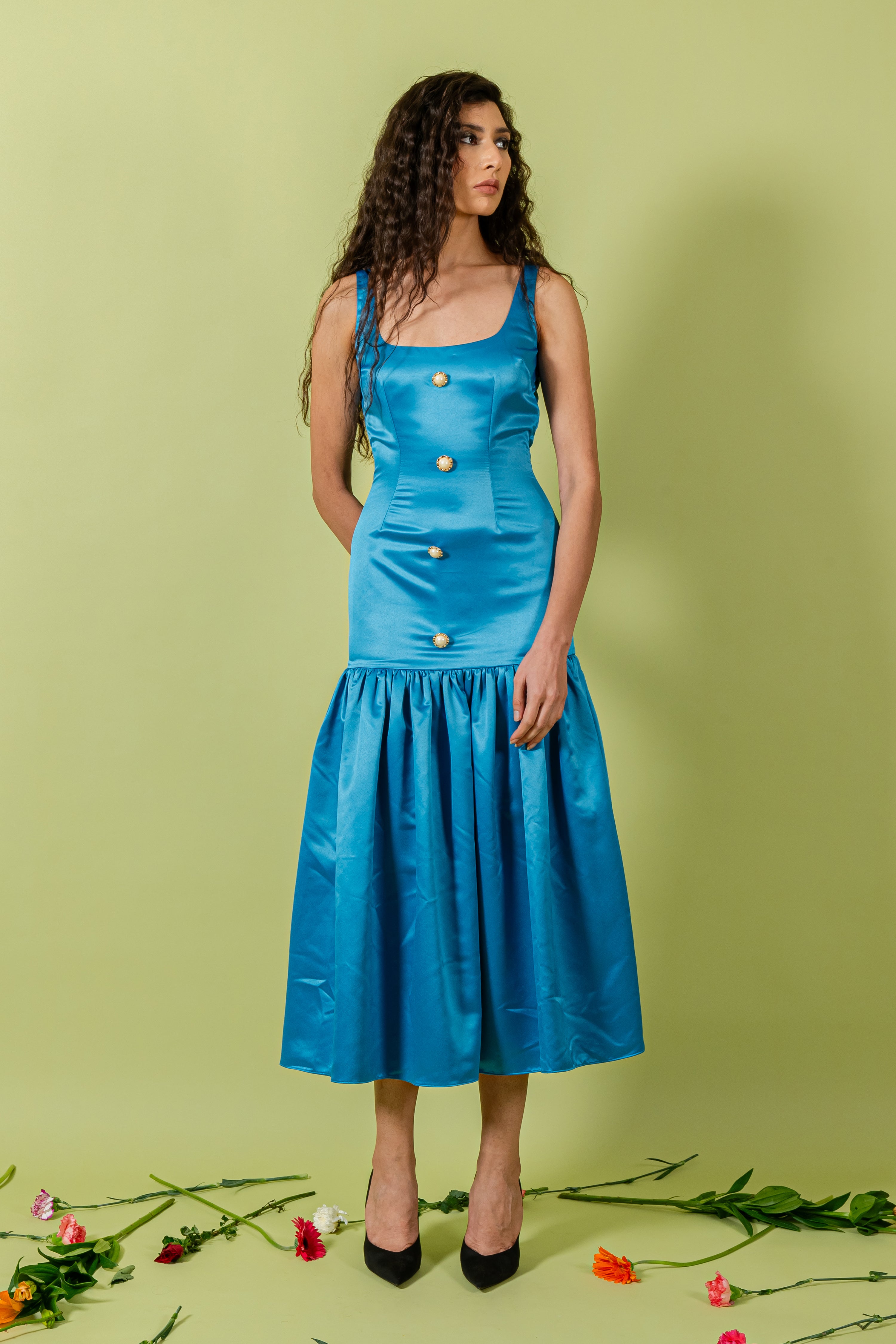 Blue Low Gathered Hem Sleeveless Dress