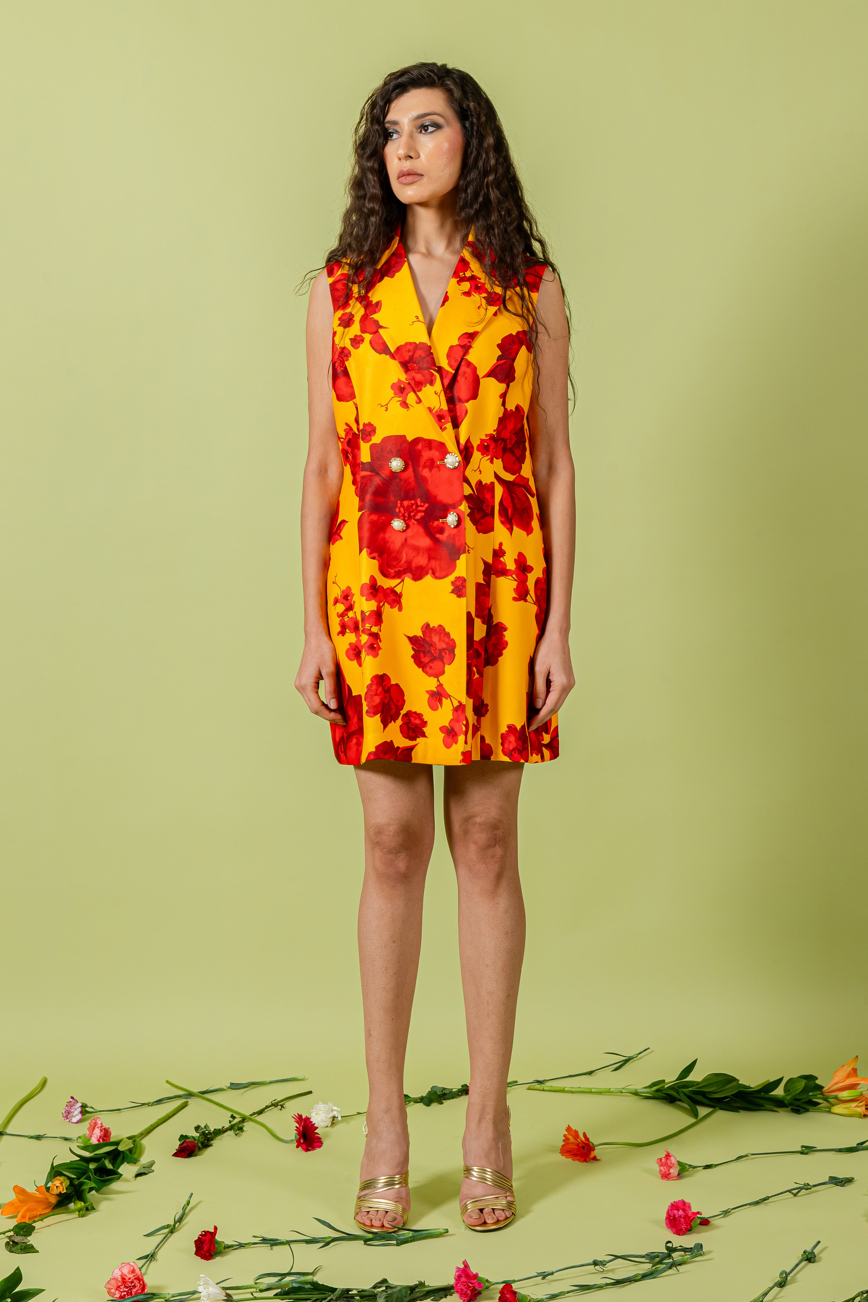 Yellow & Red Floral Print Coat Collar Mini Blazer Dress