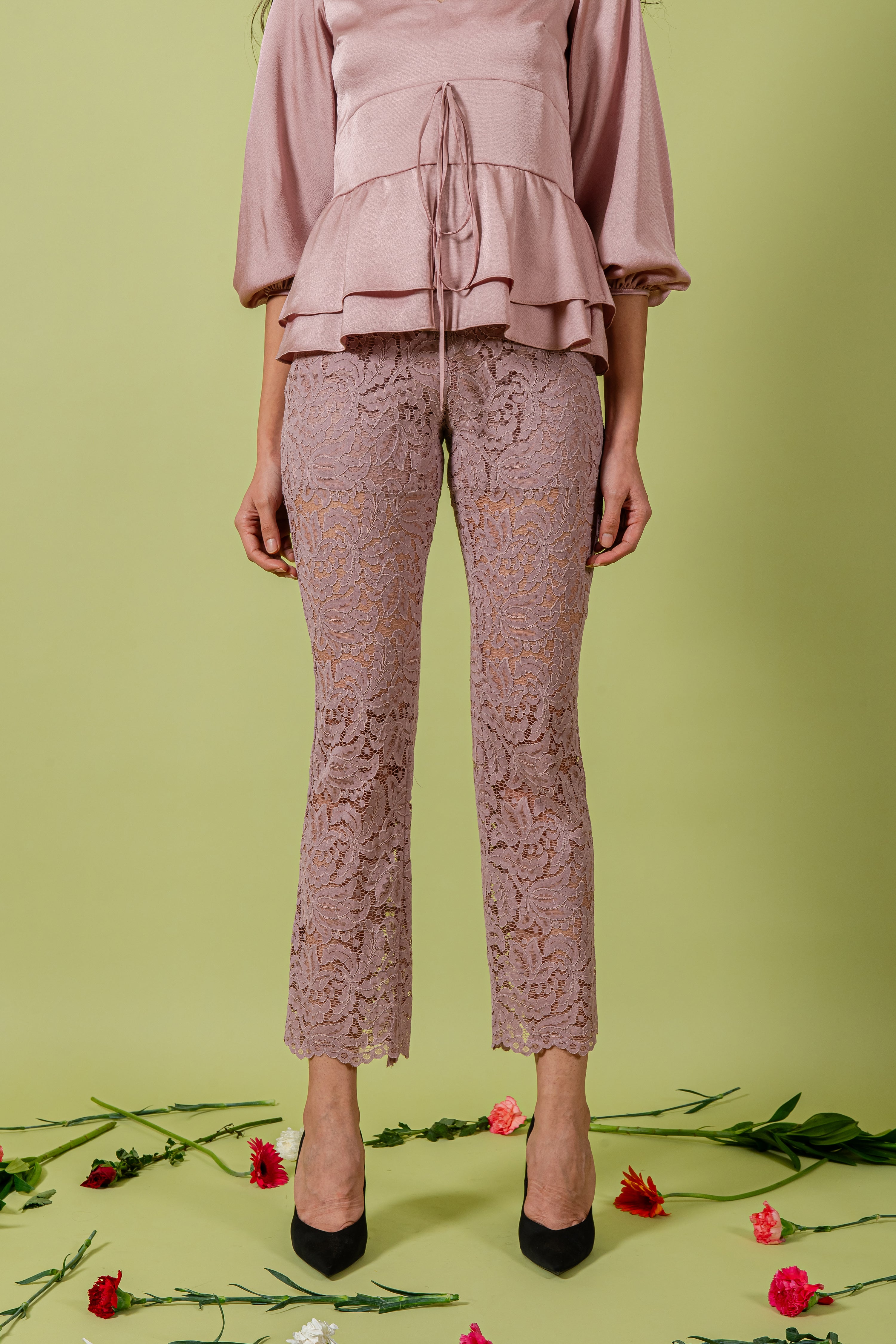 Grape Hammer Satin Top & Lace Pants Set