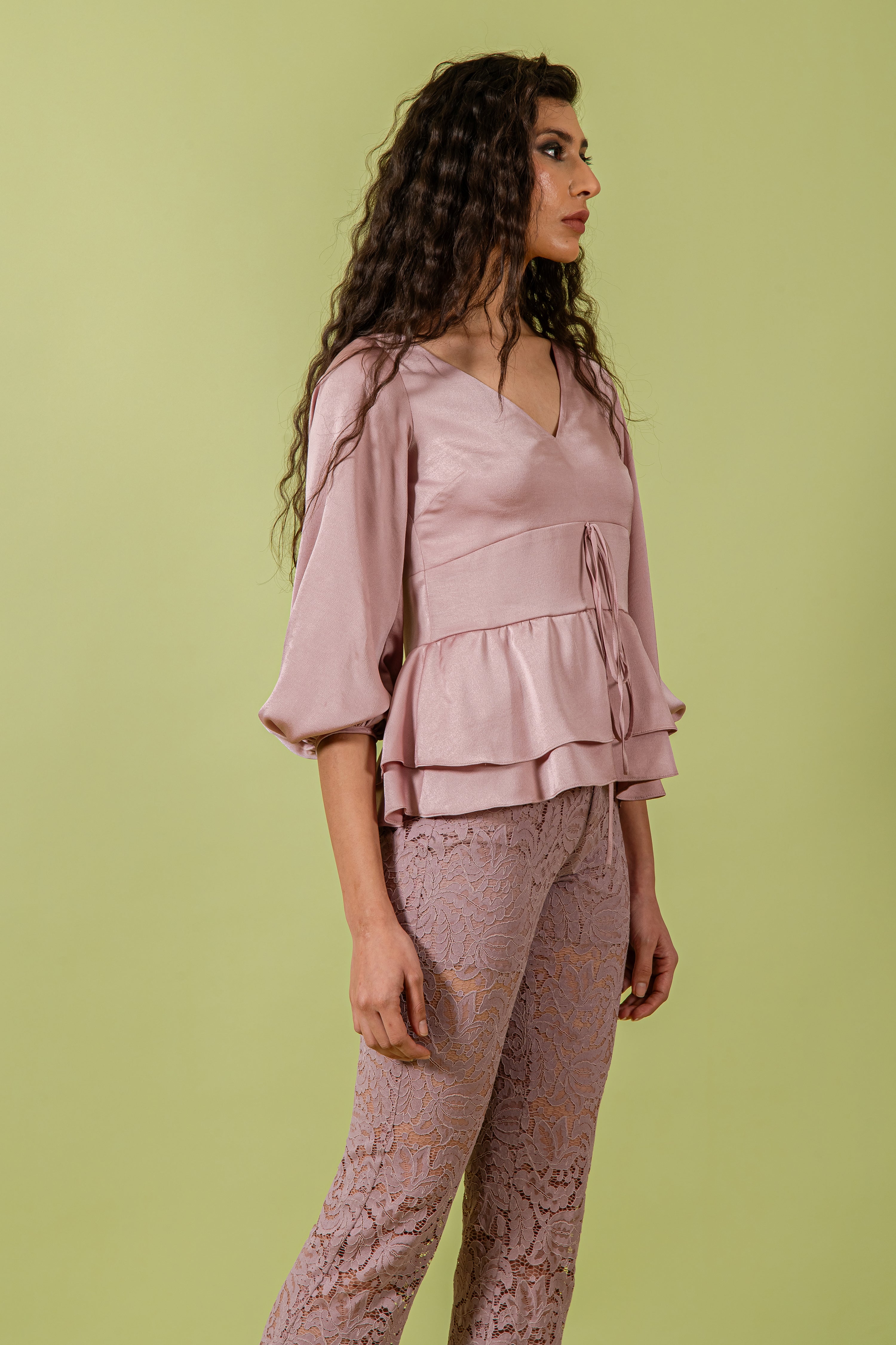 Grape Hammer Satin Top & Lace Pants Set