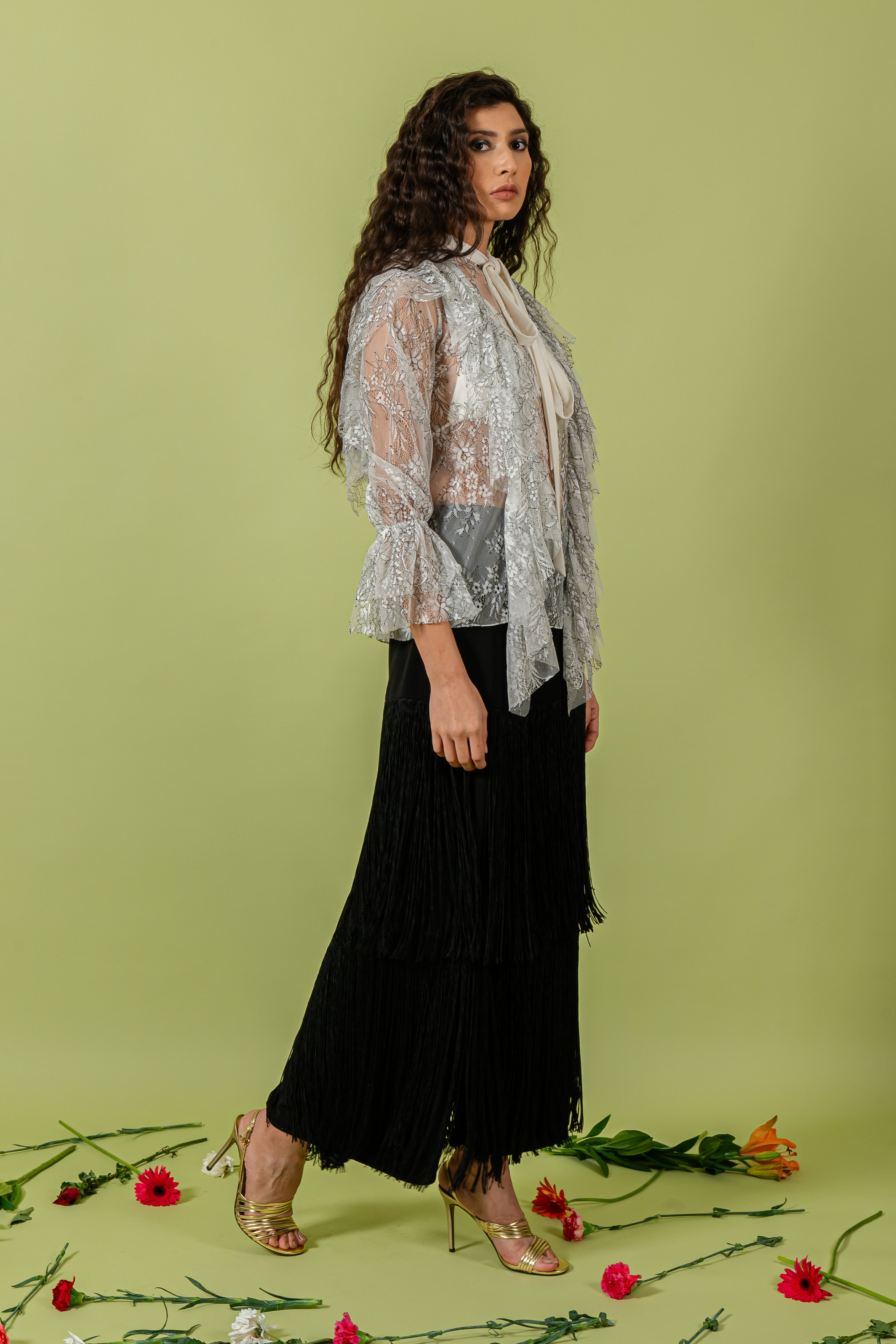 B&W Shaded Sheer Lace Scarf Collar Top