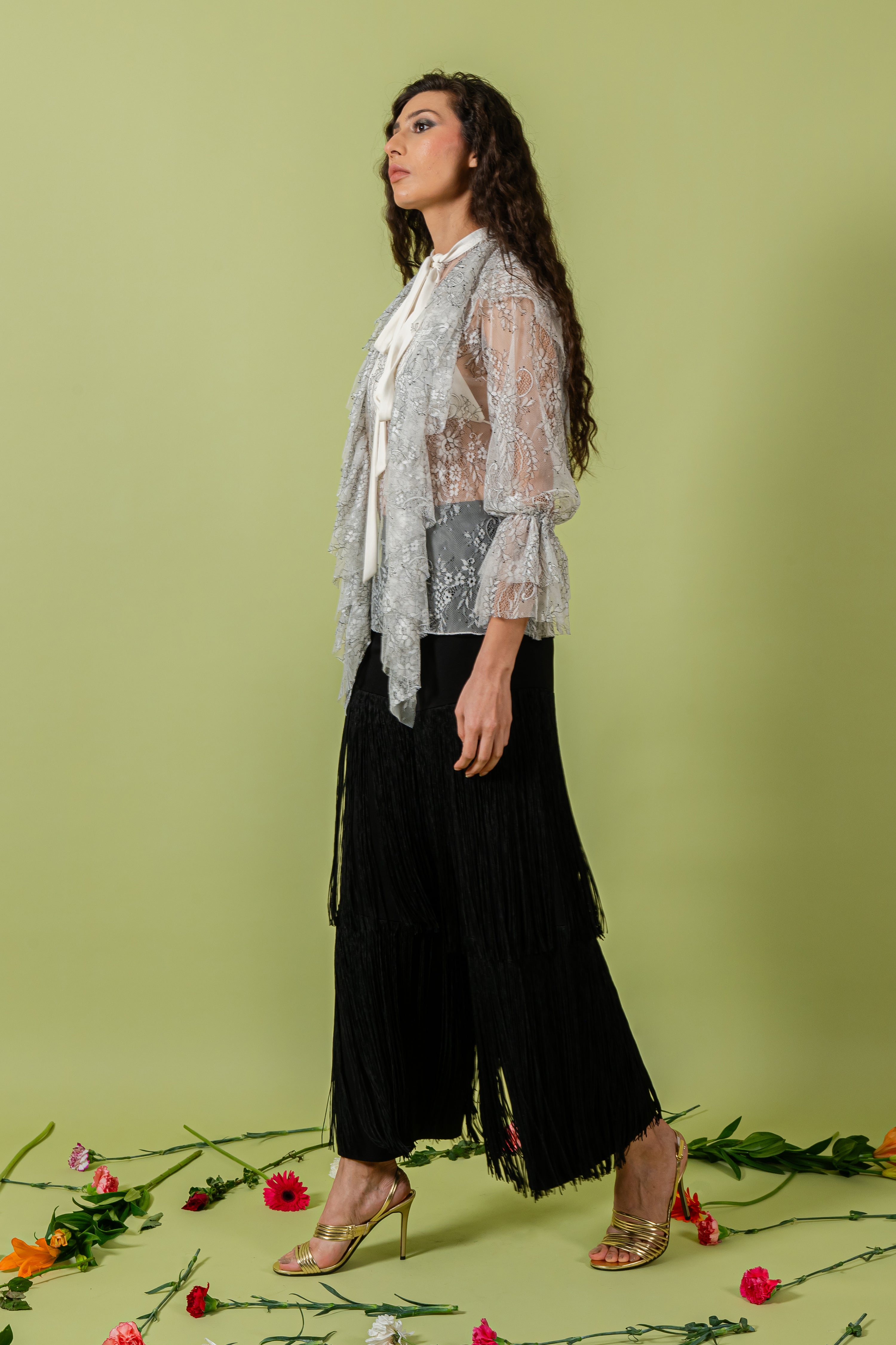 Black Wide Legged Pants with Fringe Detail
