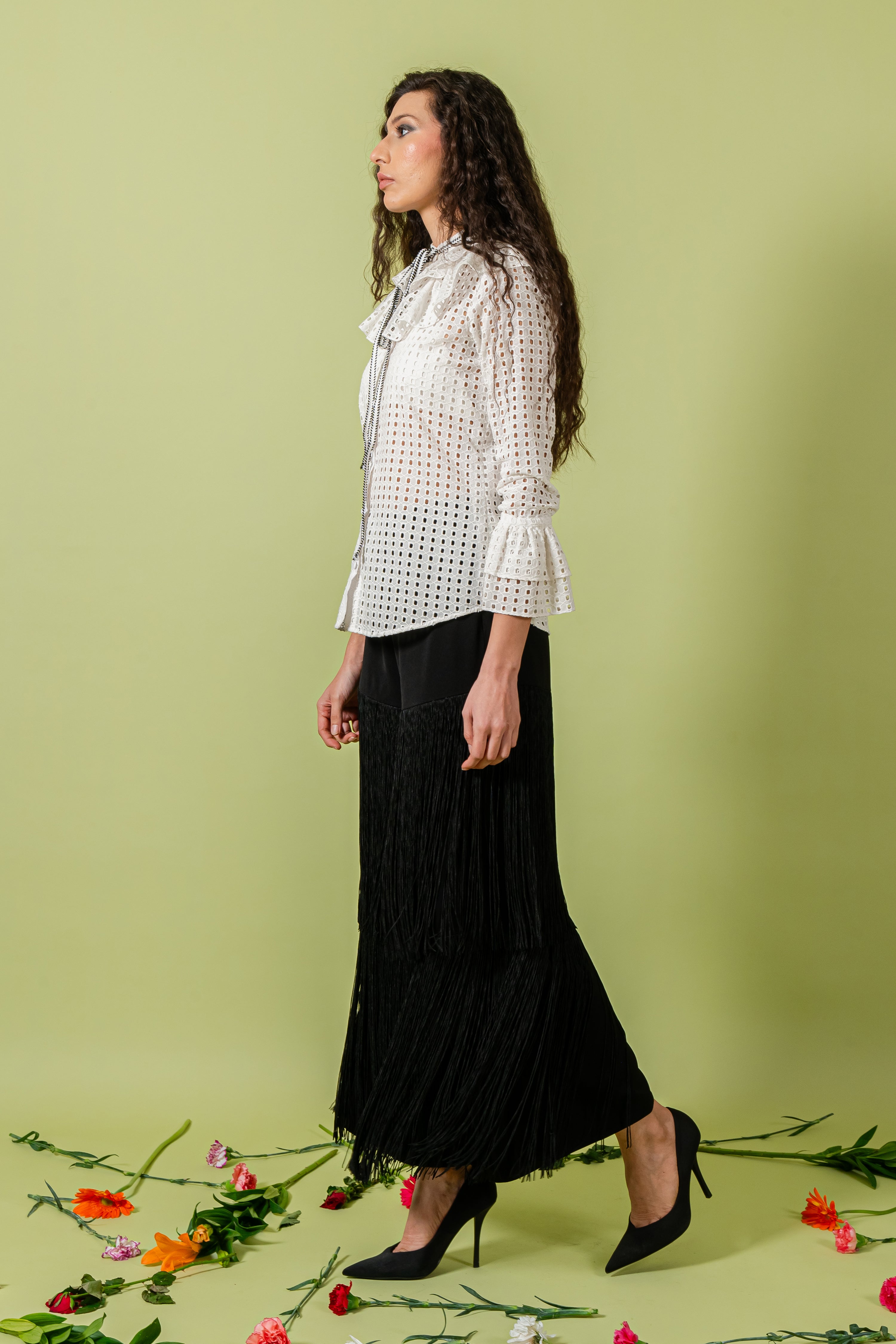 White Cutwork Top with Band Collar and Ruffled Layer