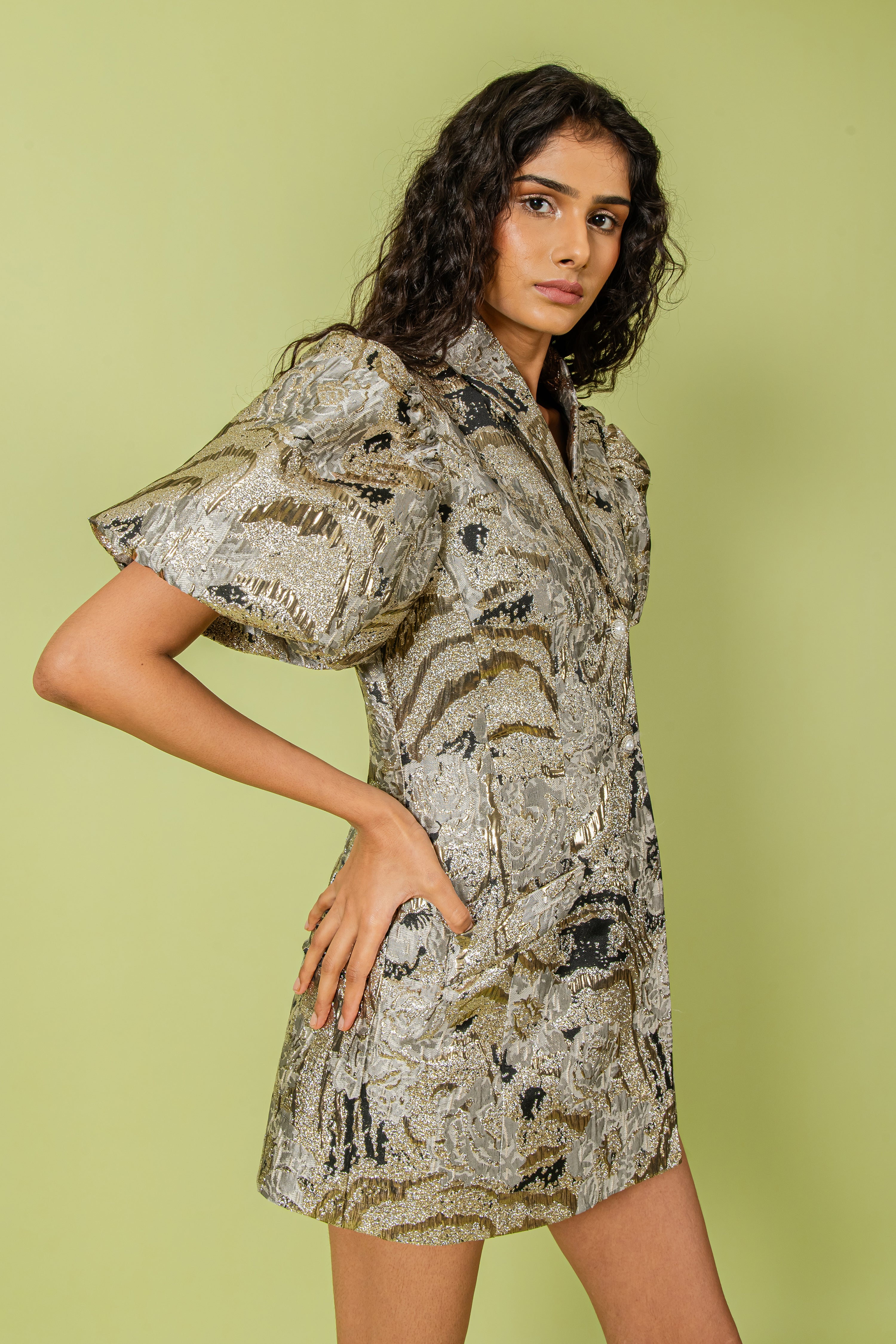 Gold & Black Shawl Collar Mini Blazer Dress