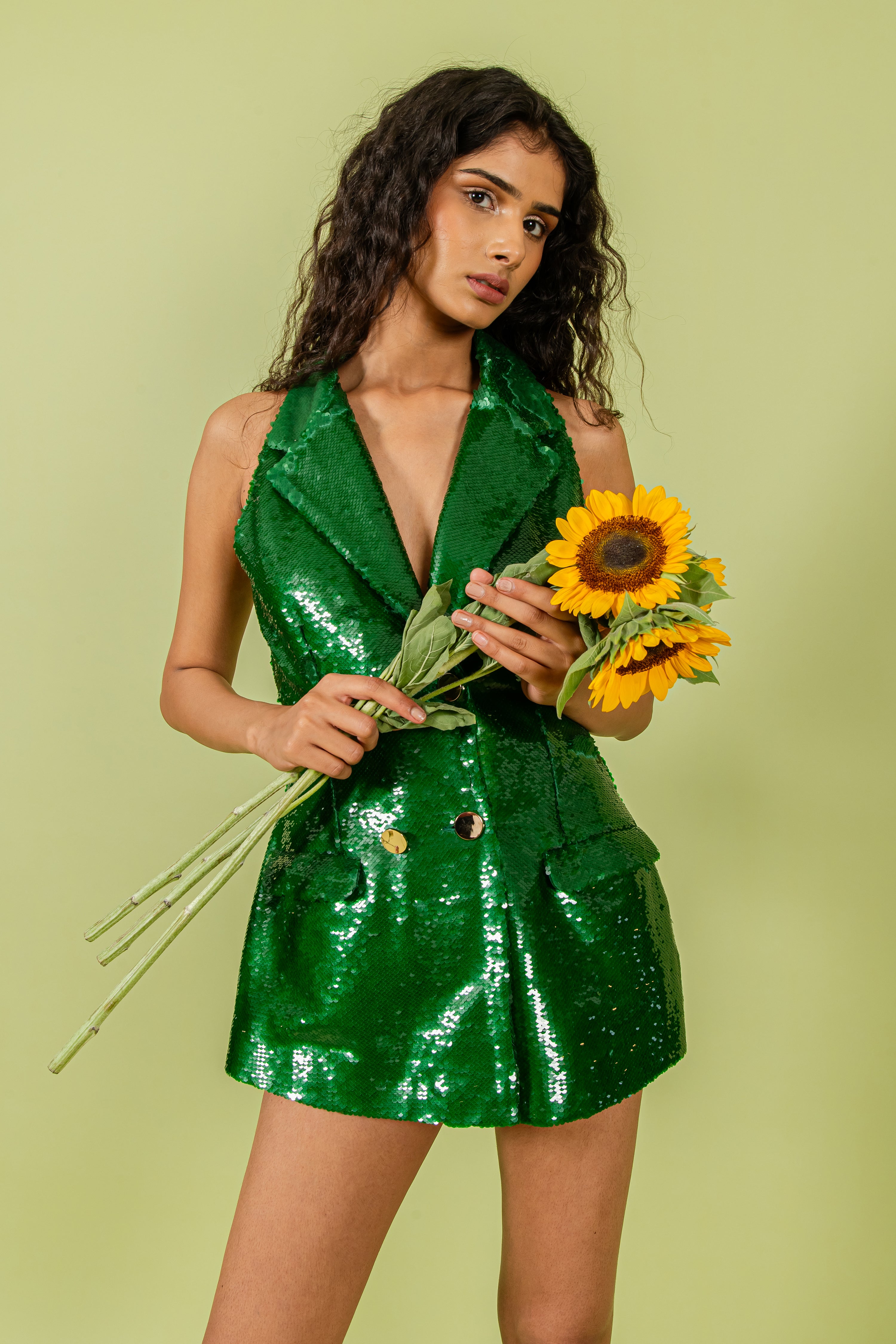 Pigment Green Sequins Halter Neck Coat Collar Mini Blazer Dress