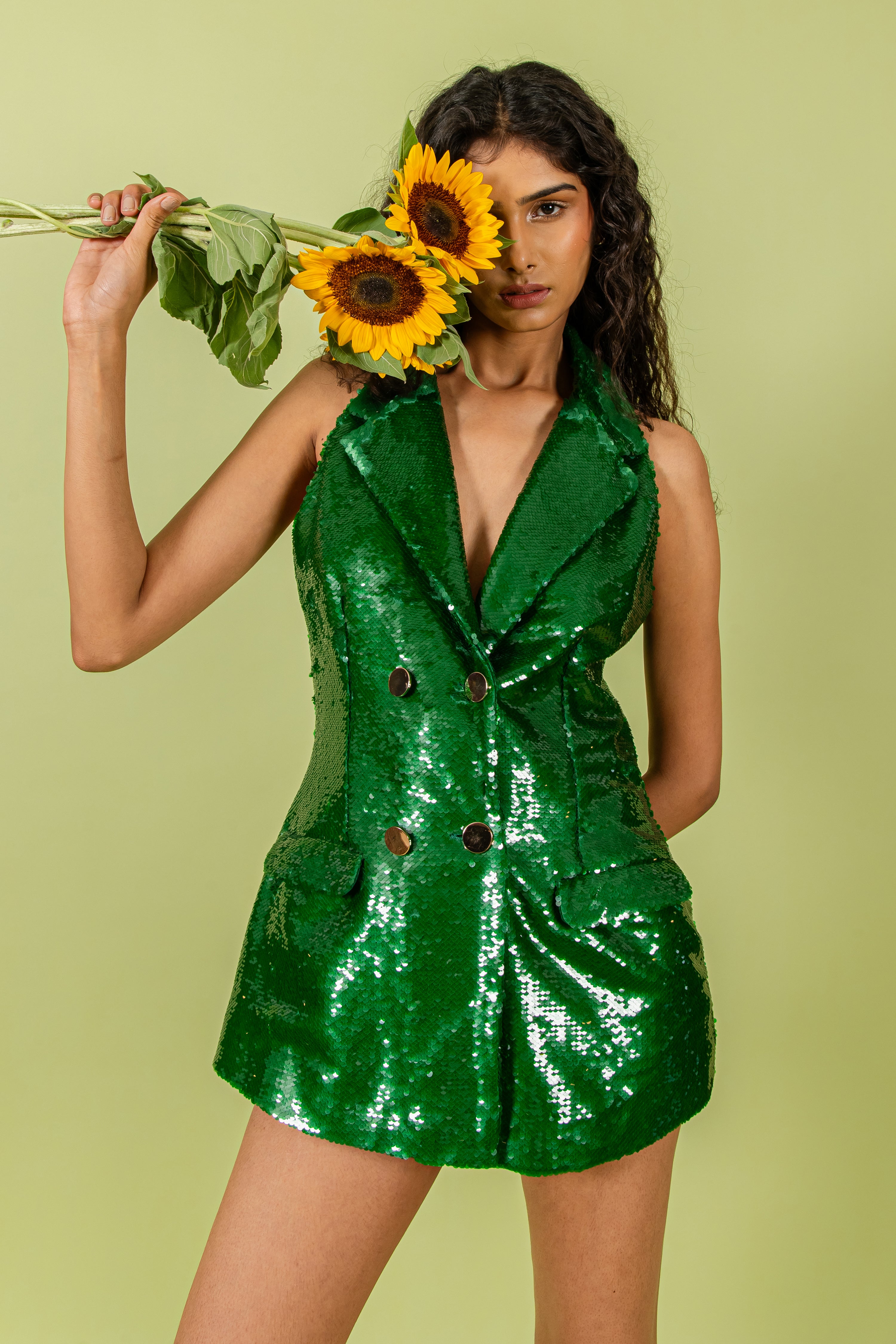 Pigment Green Sequins Halter Neck Coat Collar Mini Blazer Dress