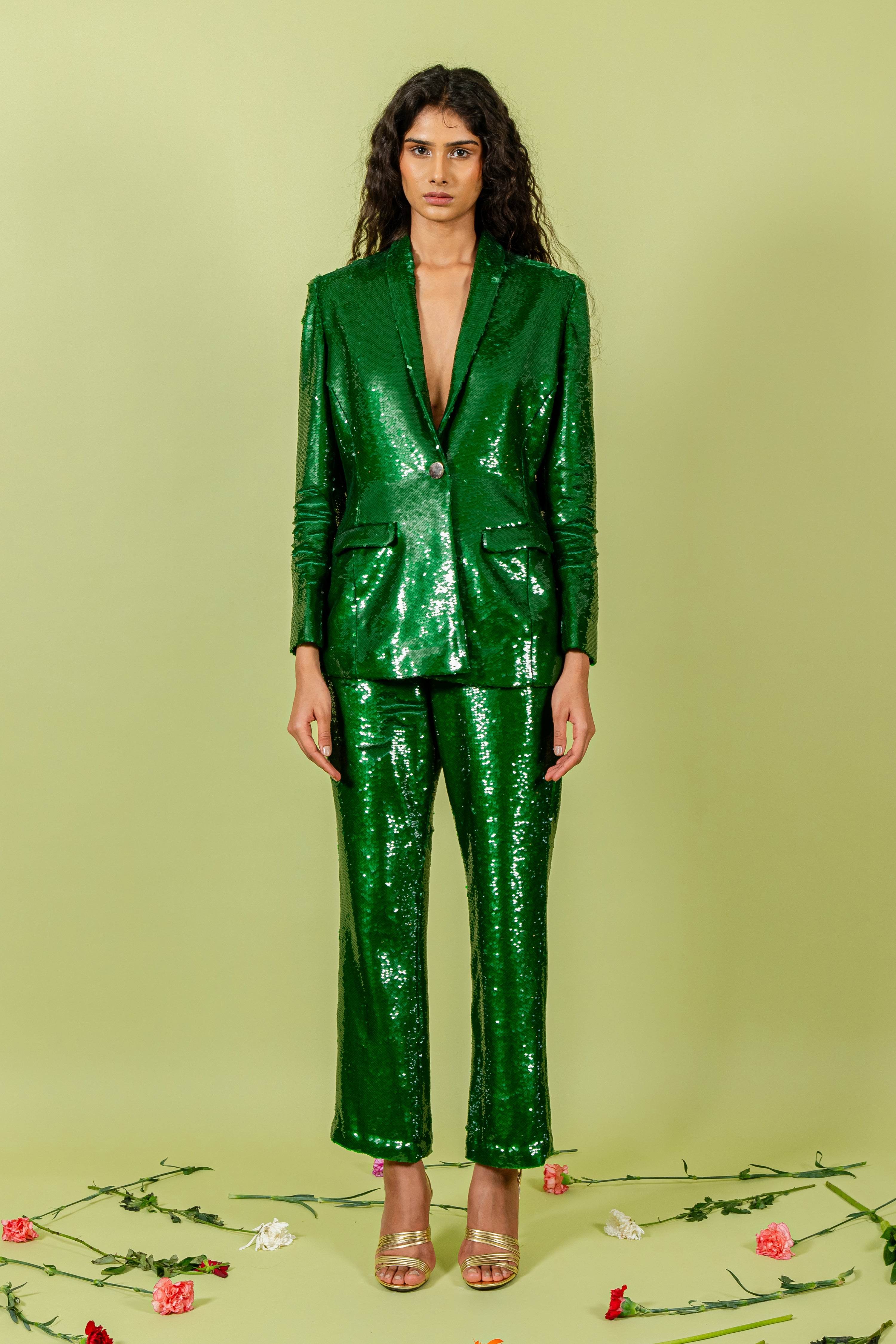Pigment Green Sequins Blazer Set