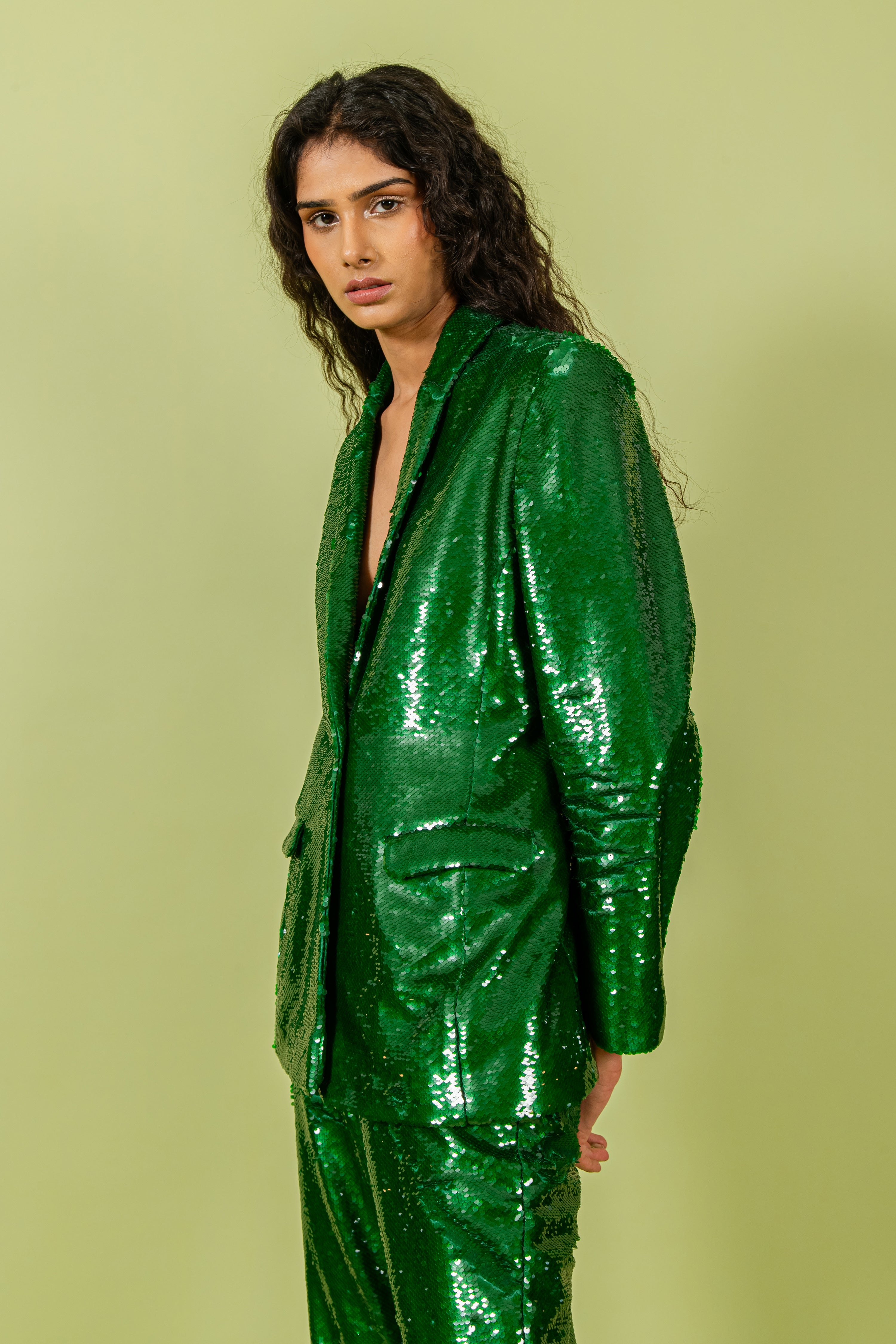Pigment Green Sequins Blazer Set