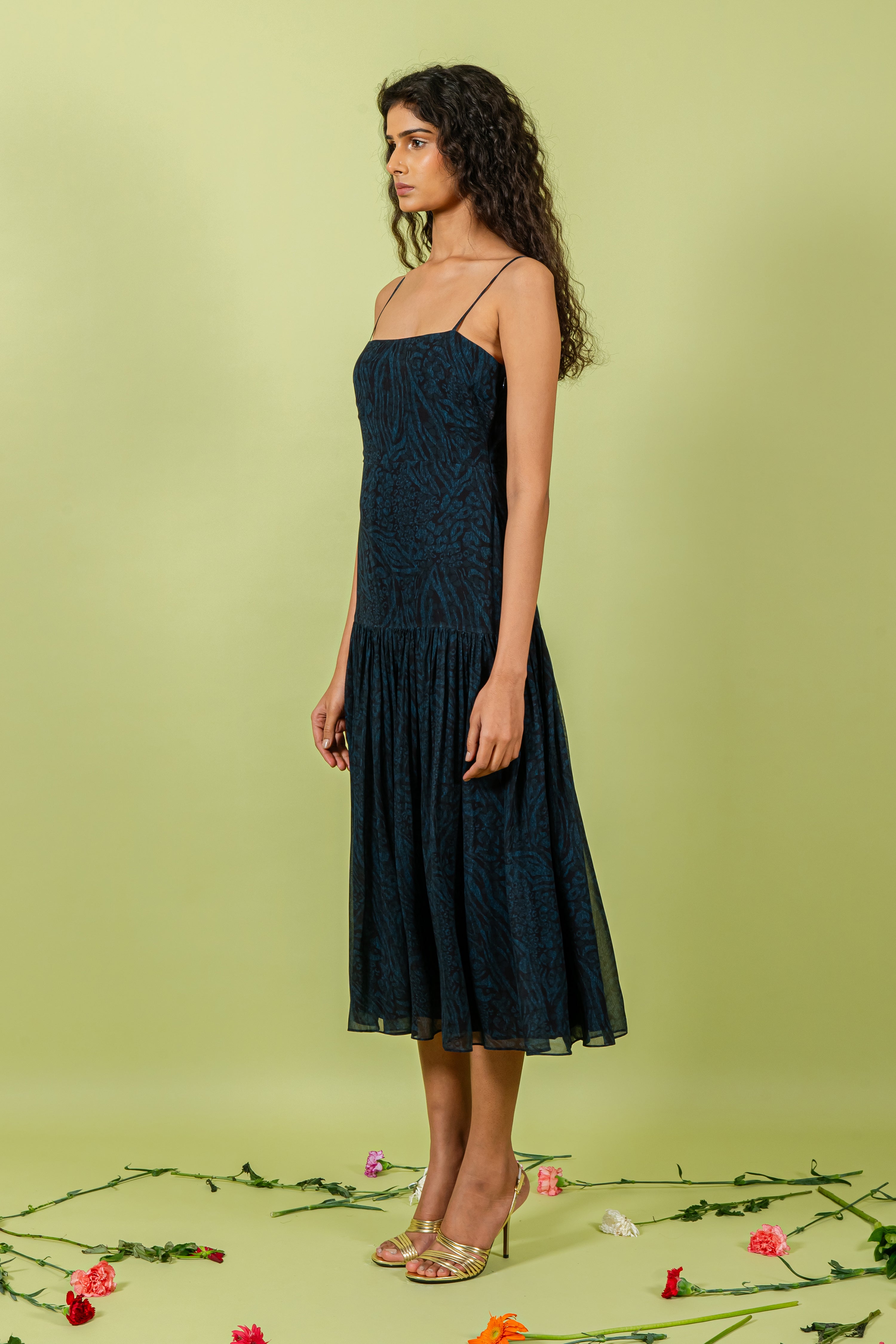 Blue Leopard Print Strappy Lower Hem Midi Dress
