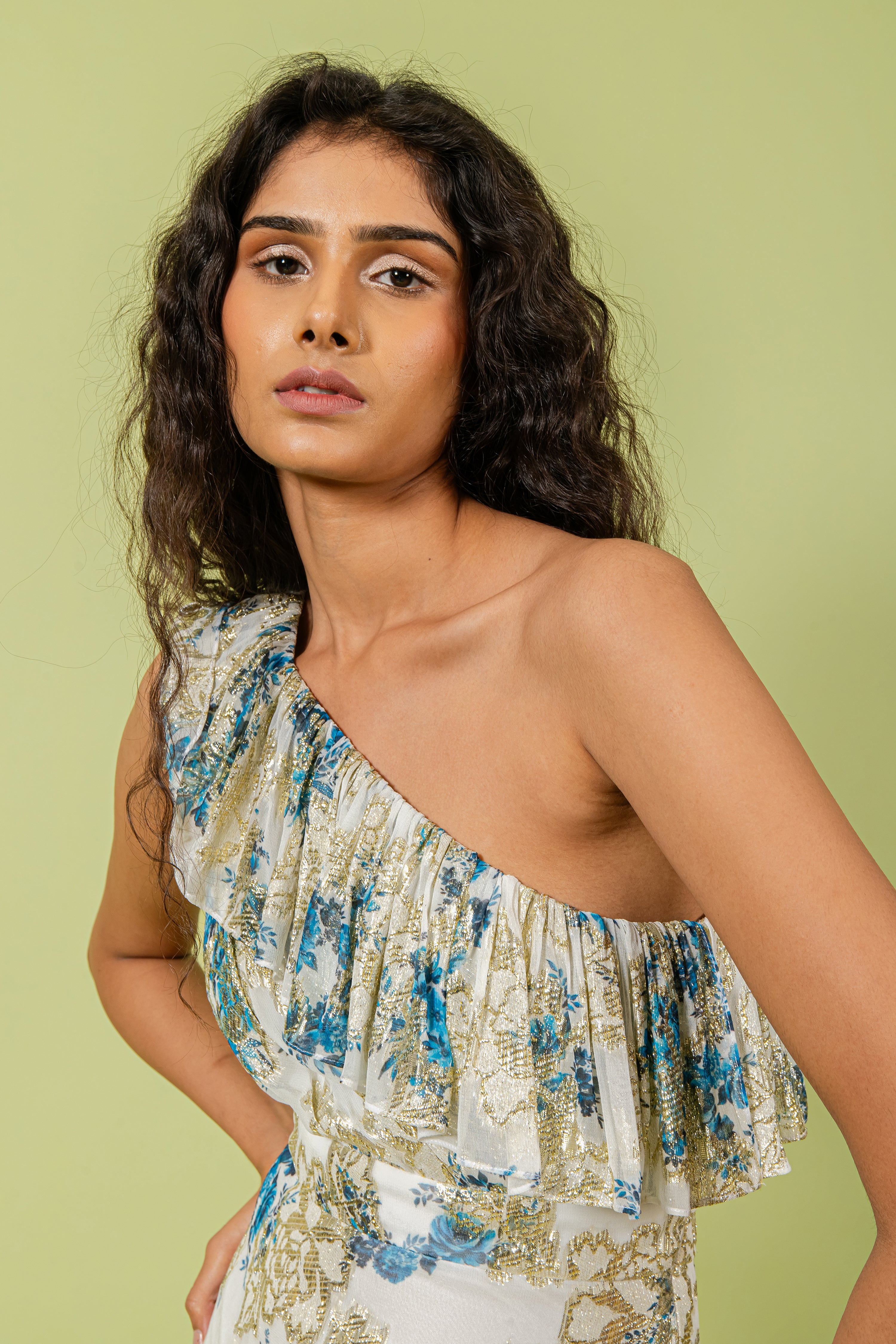 Blue & White Floral Print on Shoulder Dress