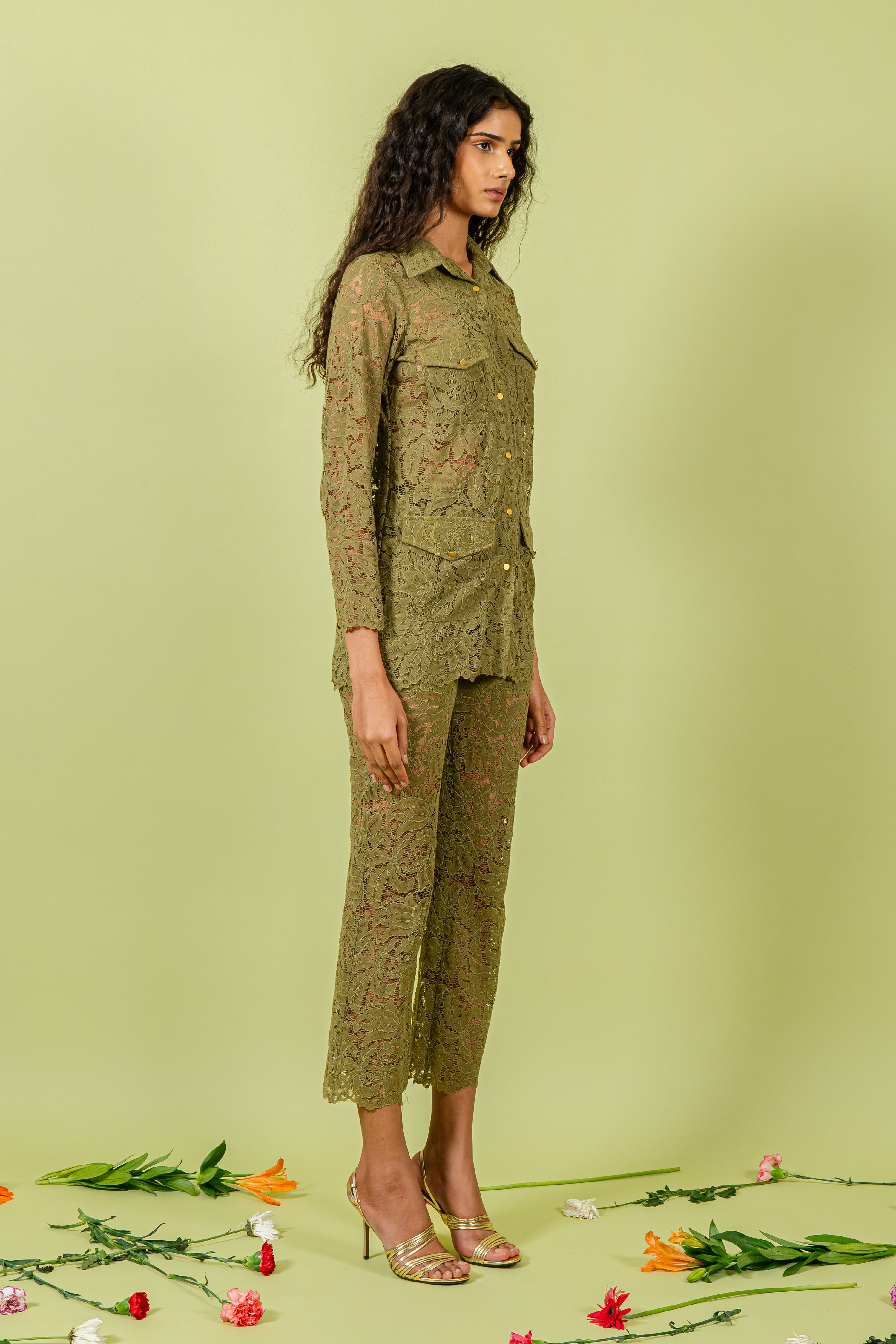 Olive Guipure Lace Shirt & Pants Set