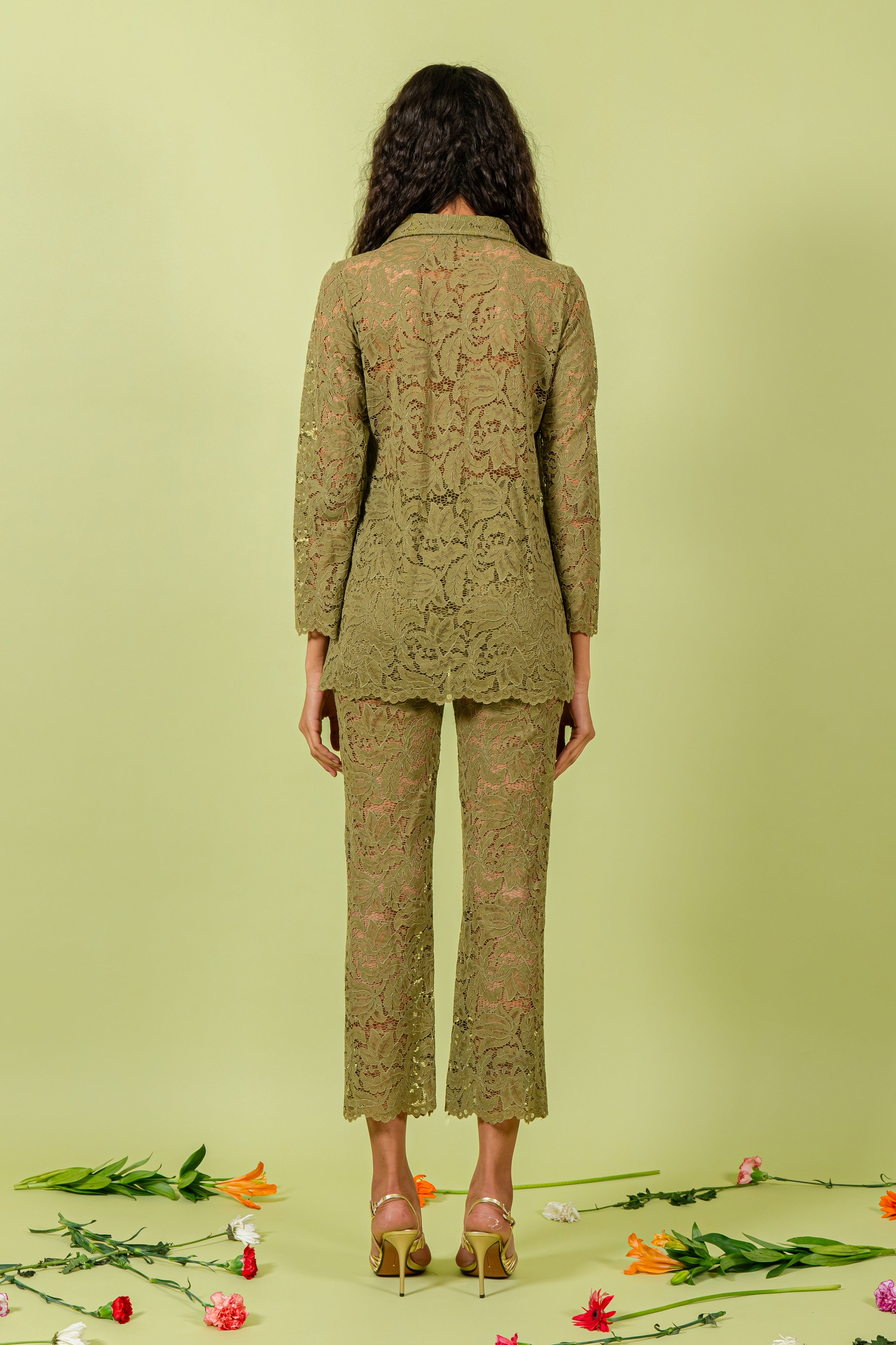 Olive Guipure Lace Shirt & Pants Set