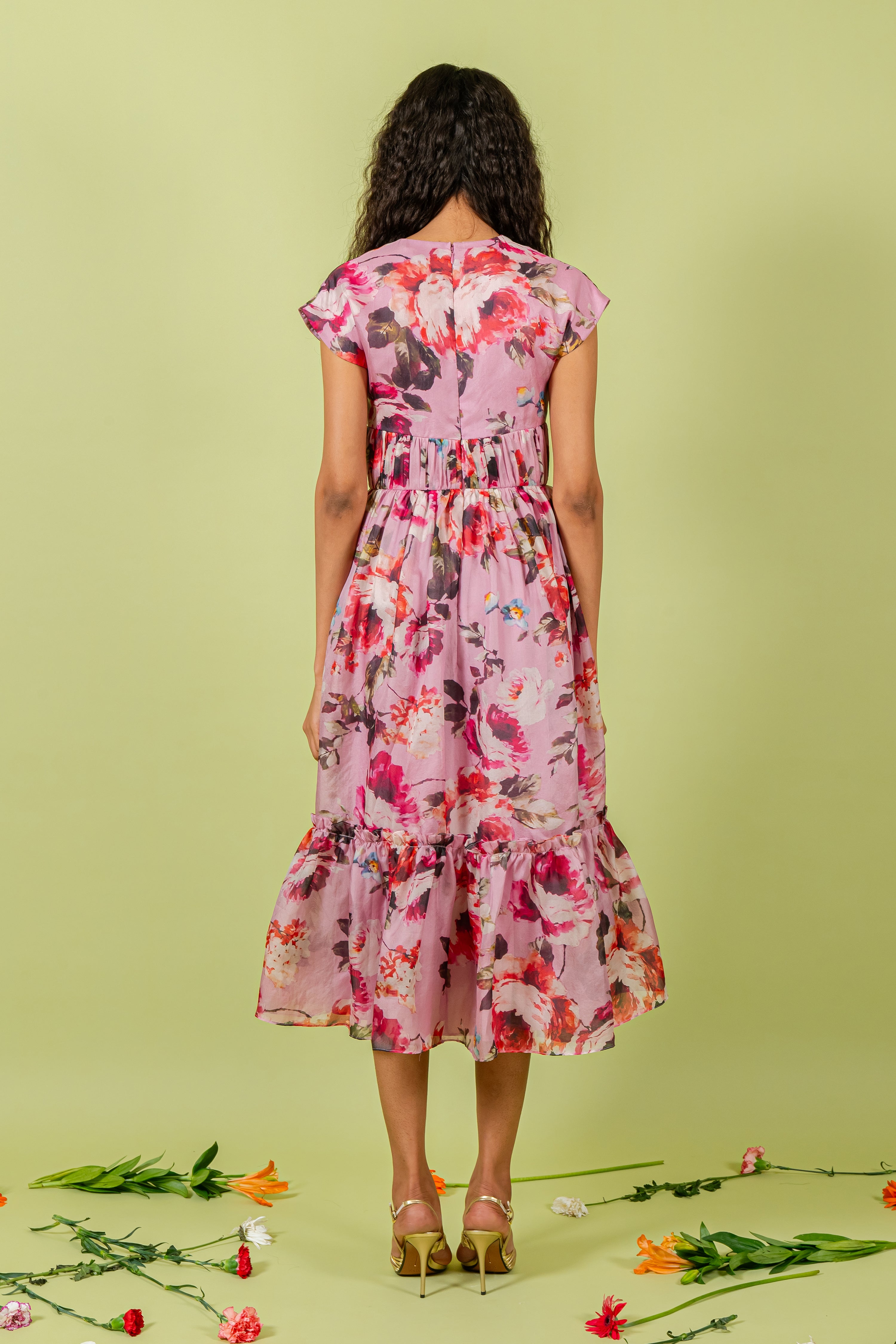 Purple Floral Print Extended Collar Gathered Band Dress