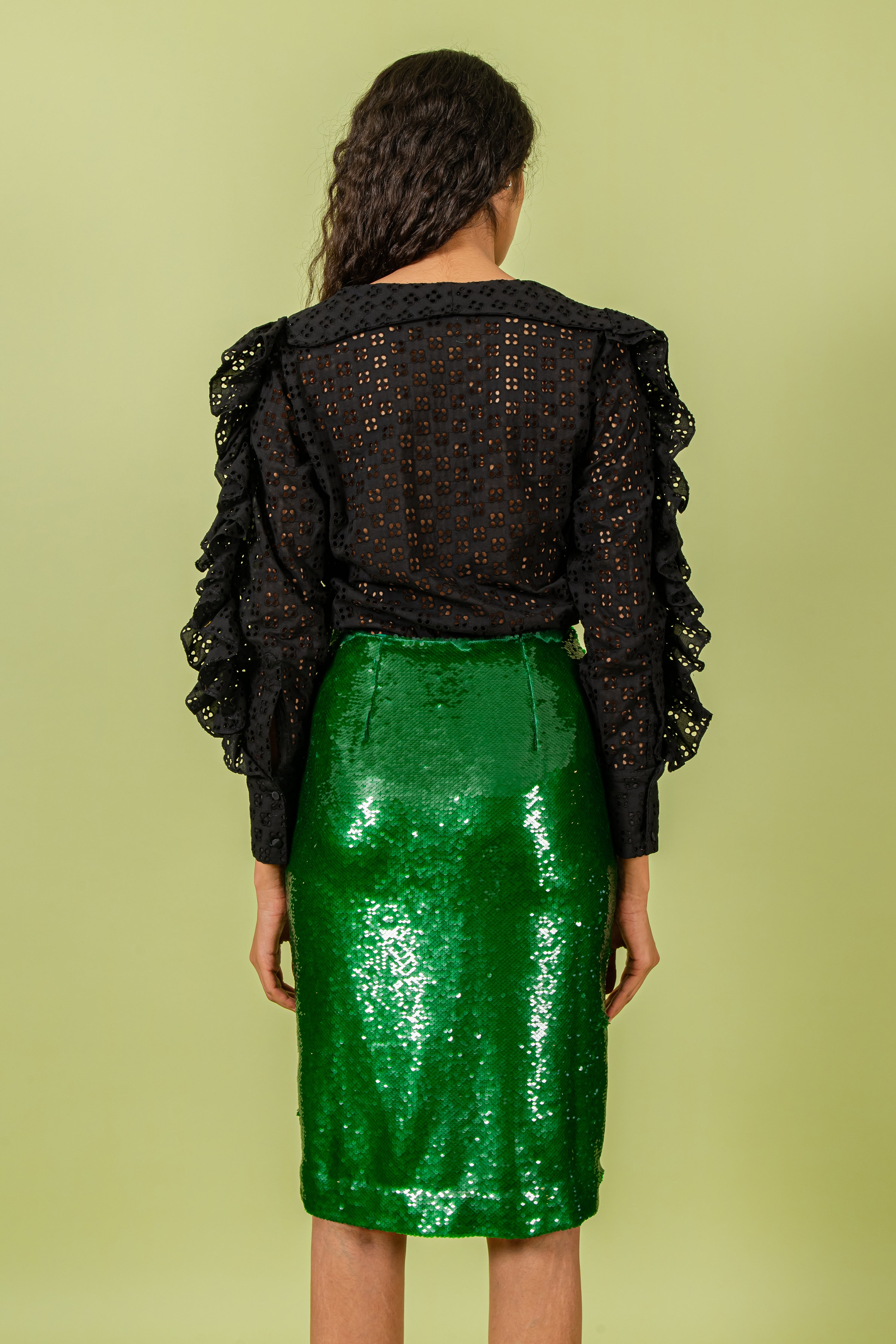 Black Cutwork Top with Sailor Collar & Ruffles On Sleeve
