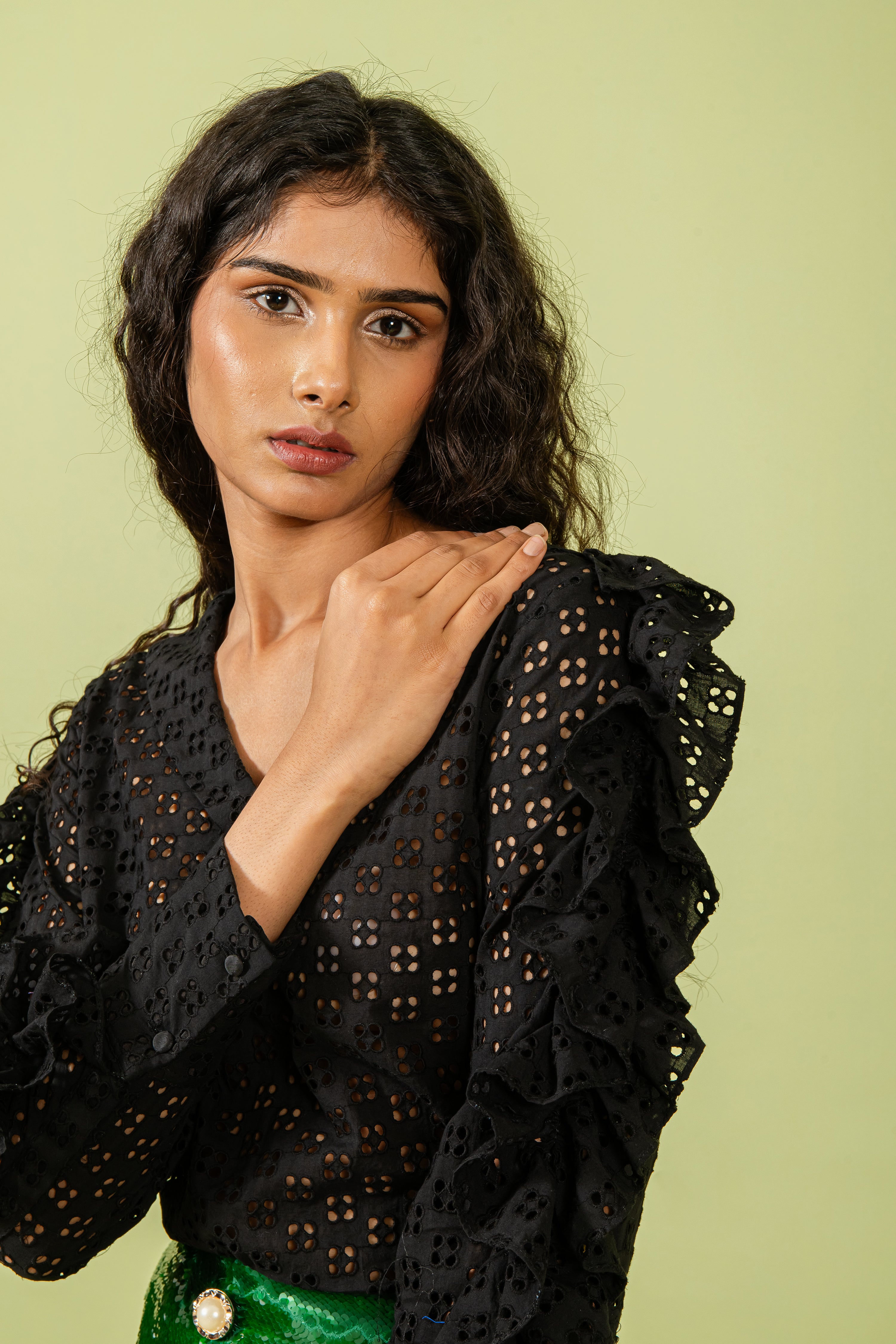 Black Cutwork Top with Sailor Collar & Ruffles On Sleeve