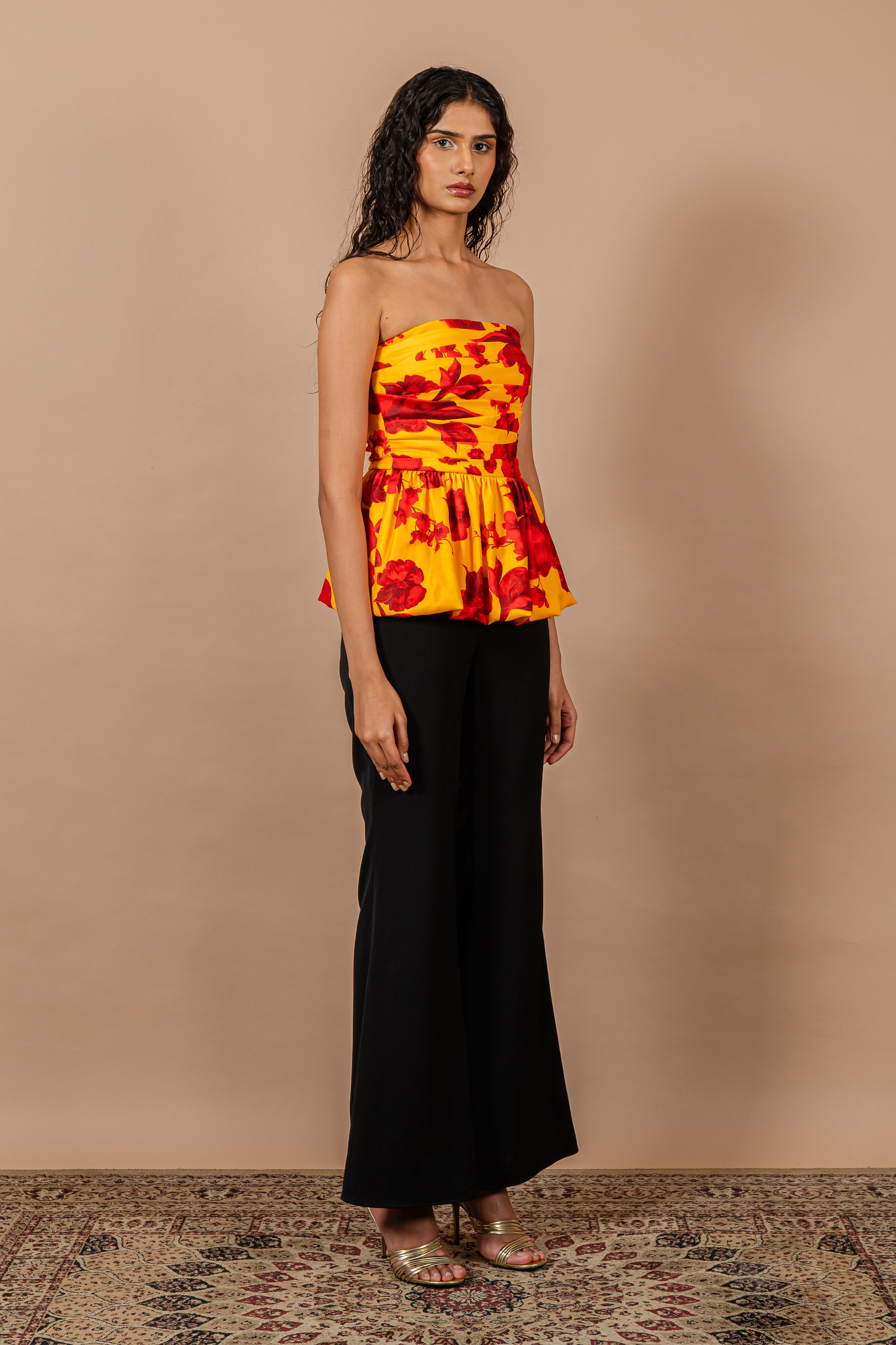 Yellow & Red Floral Print Draped Body Top