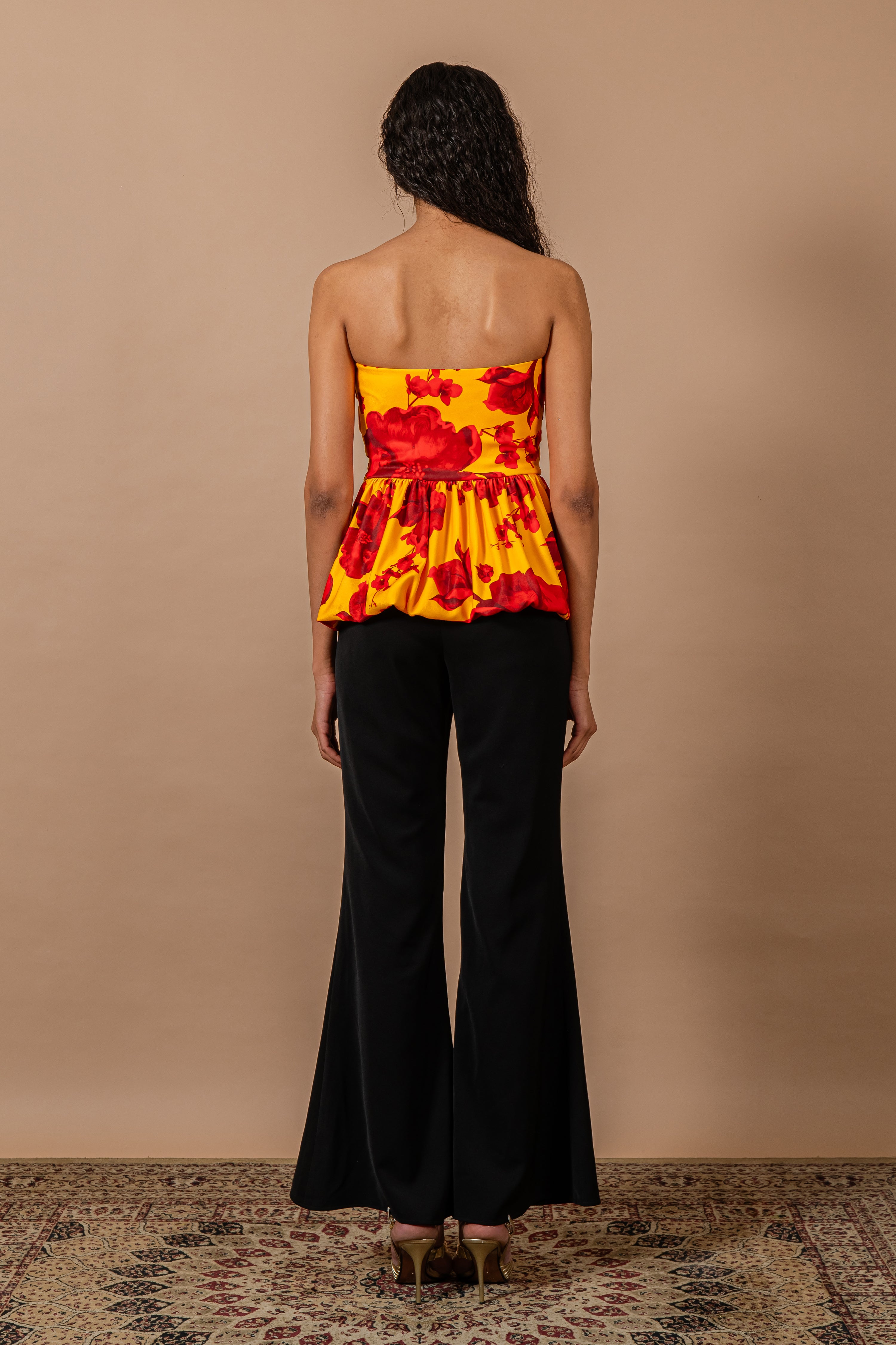Yellow & Red Floral Print Draped Body Top