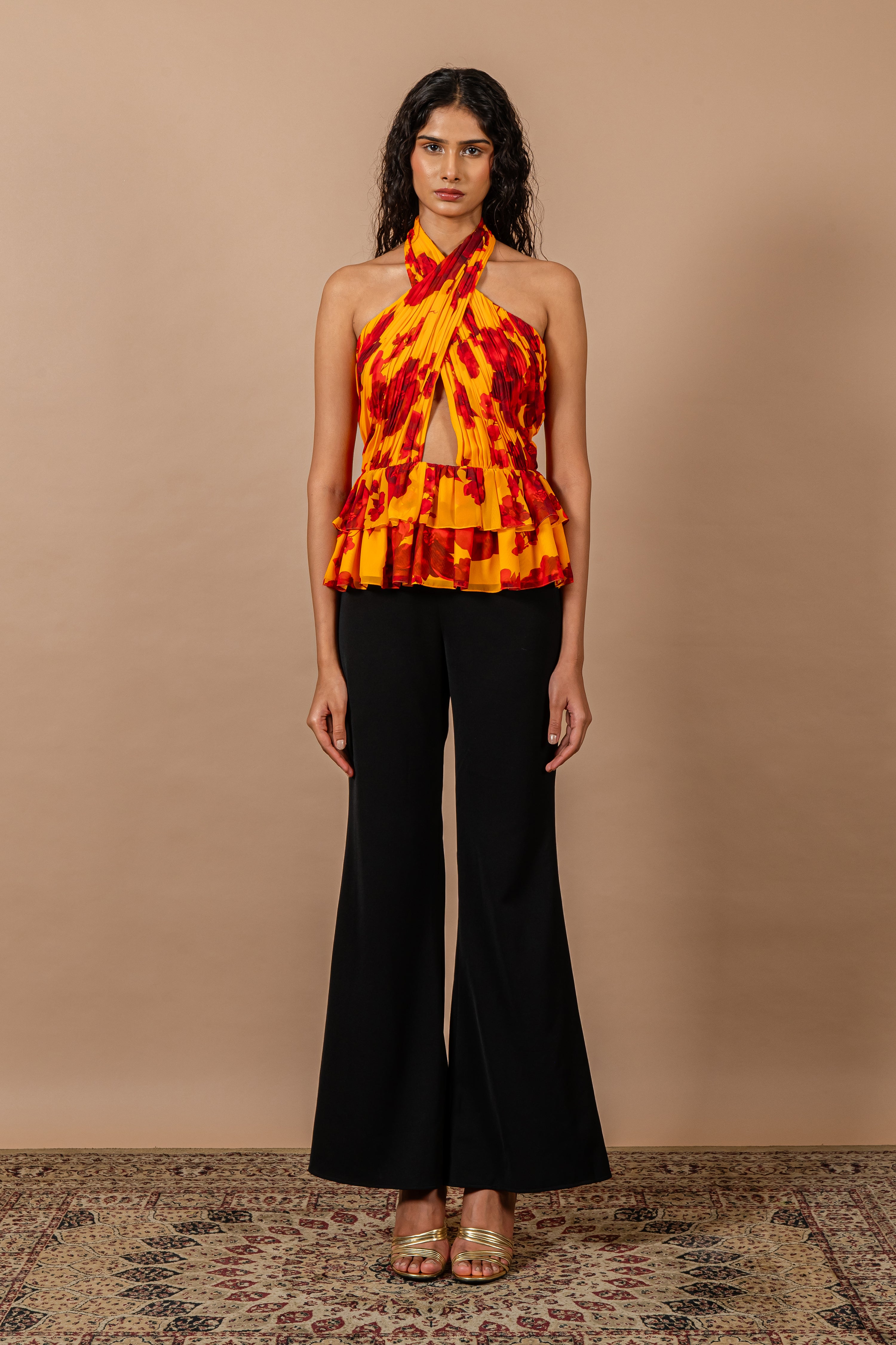 Yellow & Red Floral Print Cross Over Halter Neck Top