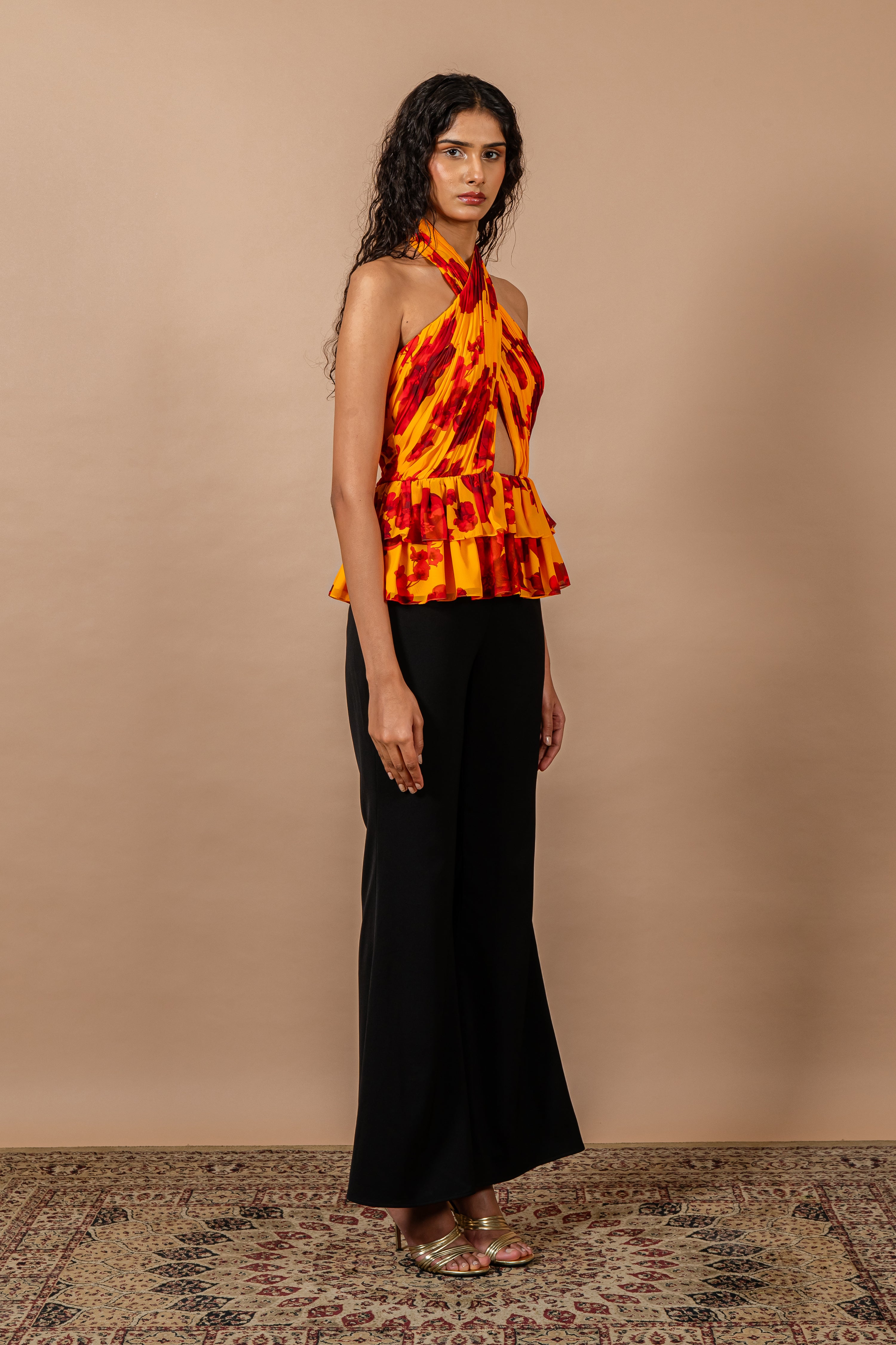 Yellow & Red Floral Print Cross Over Halter Neck Top