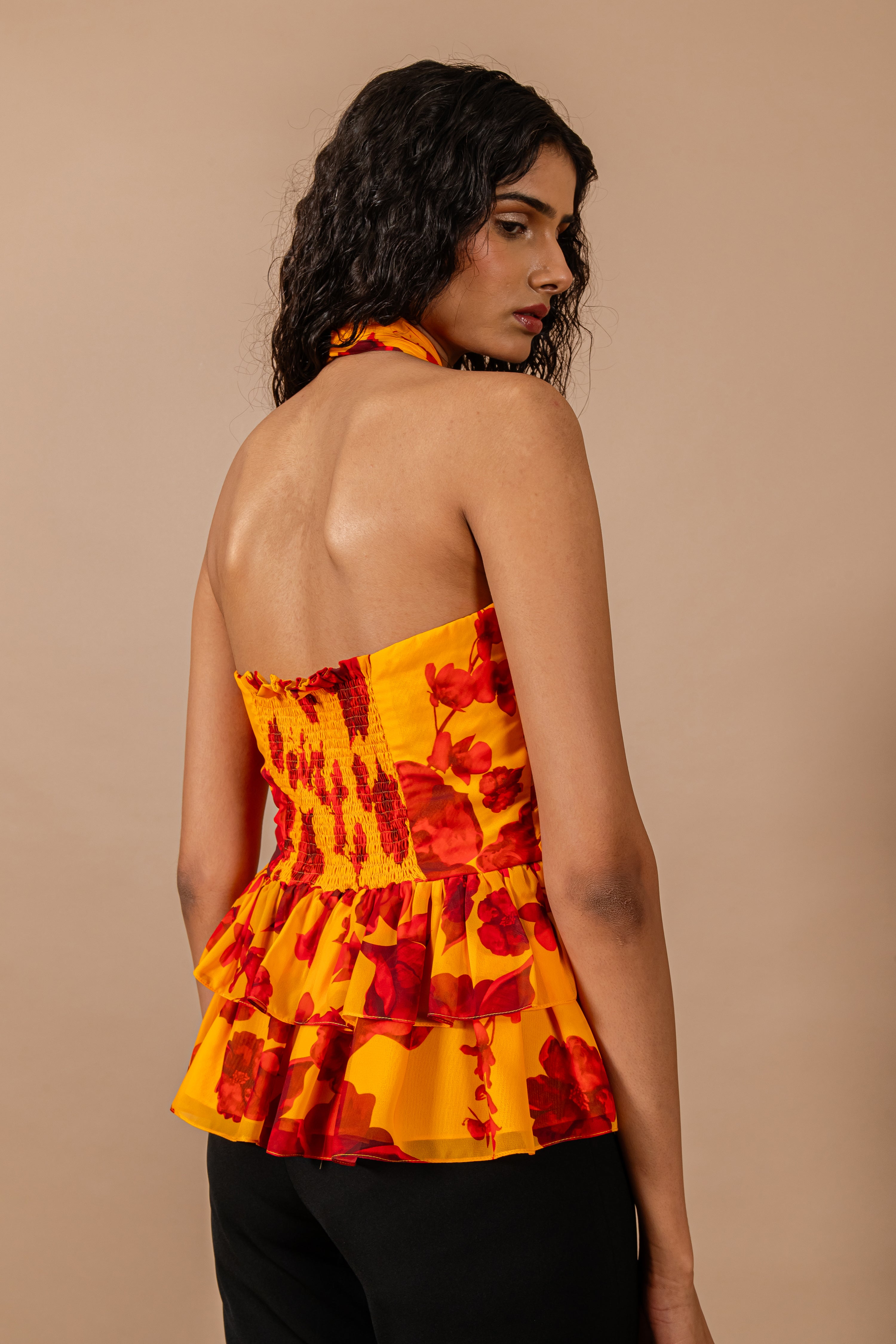 Yellow & Red Floral Print Cross Over Halter Neck Top
