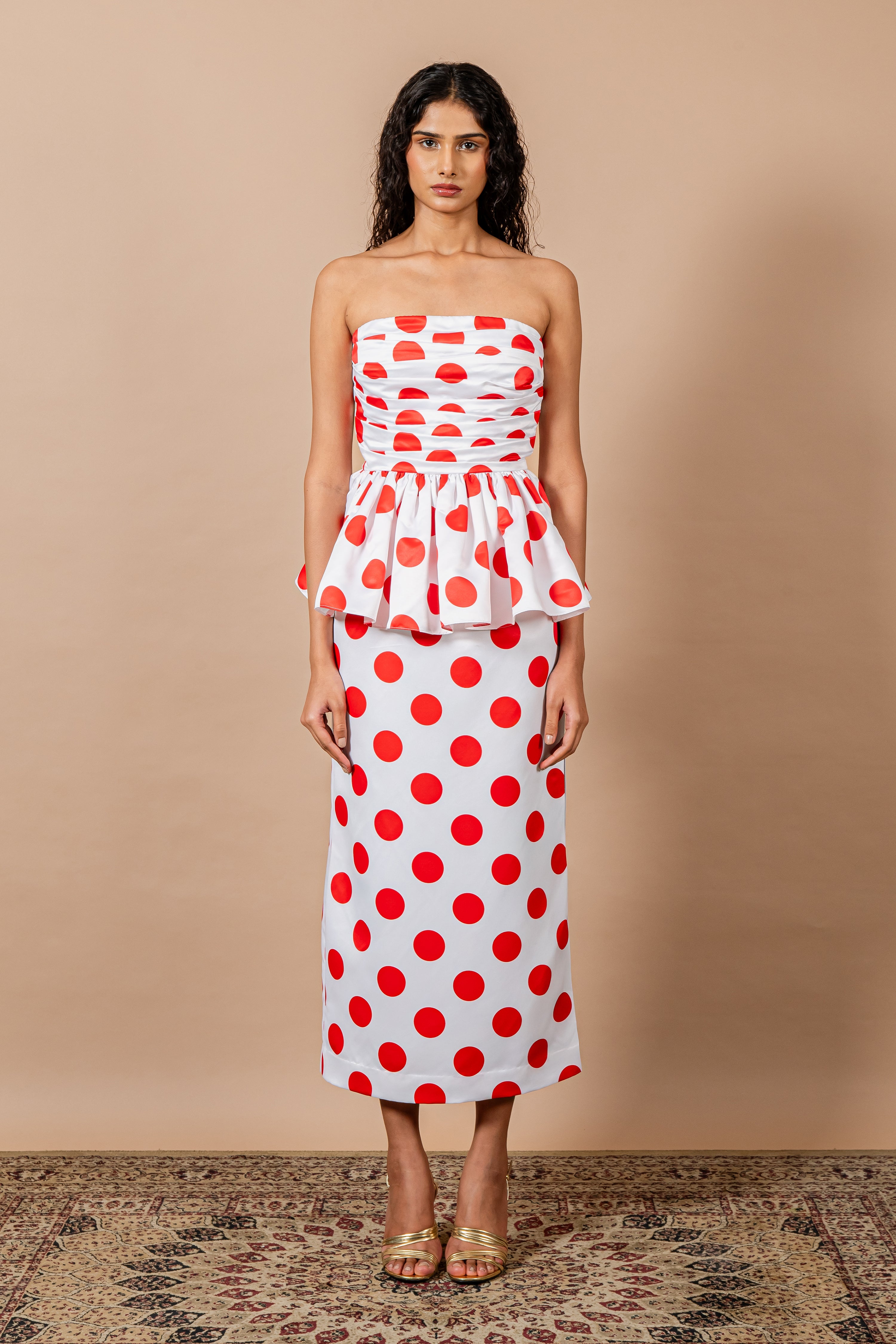 Red Polka Draped Body Tube Dress with Peplum & Slit