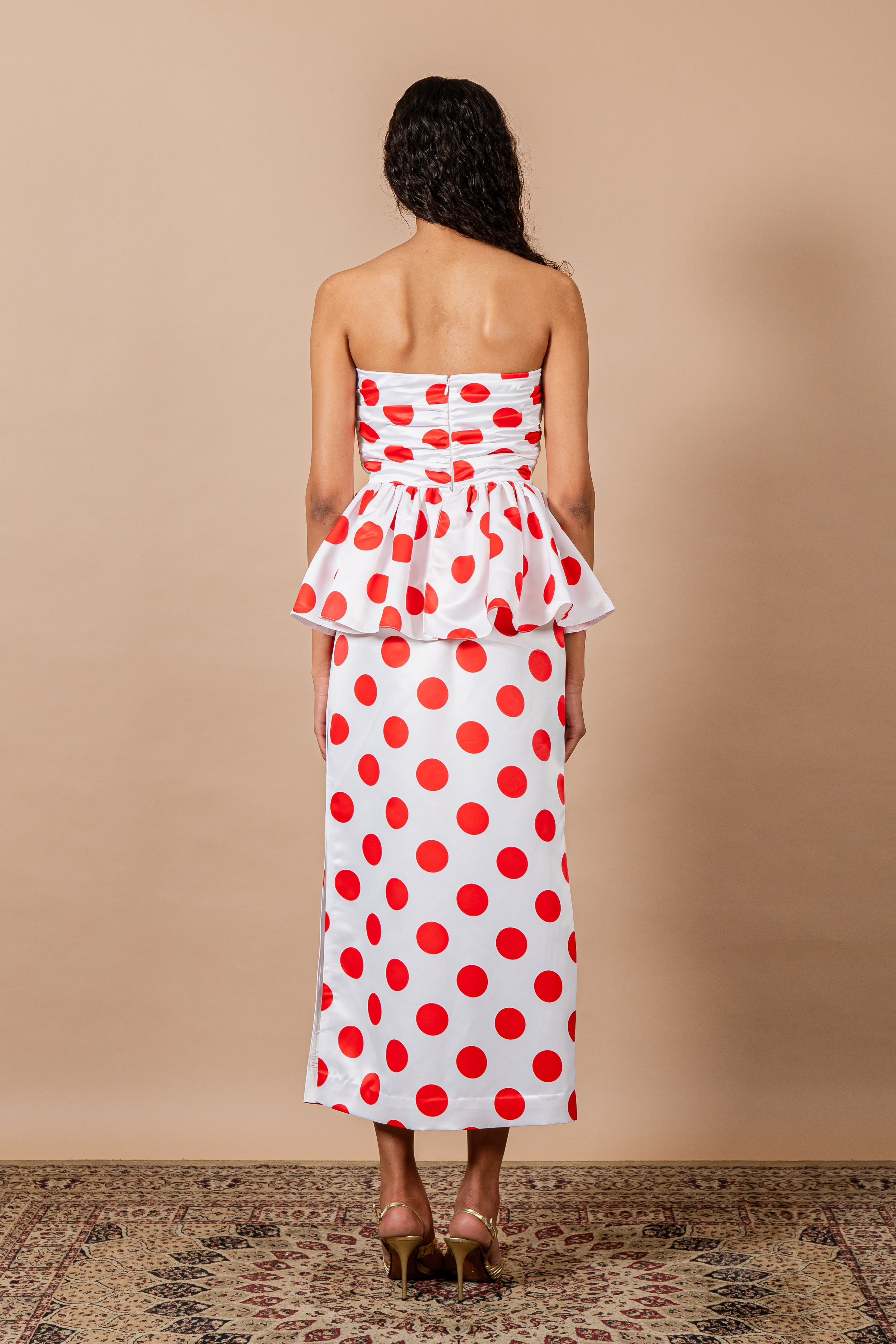Red Polka Draped Body Tube Dress with Peplum & Slit