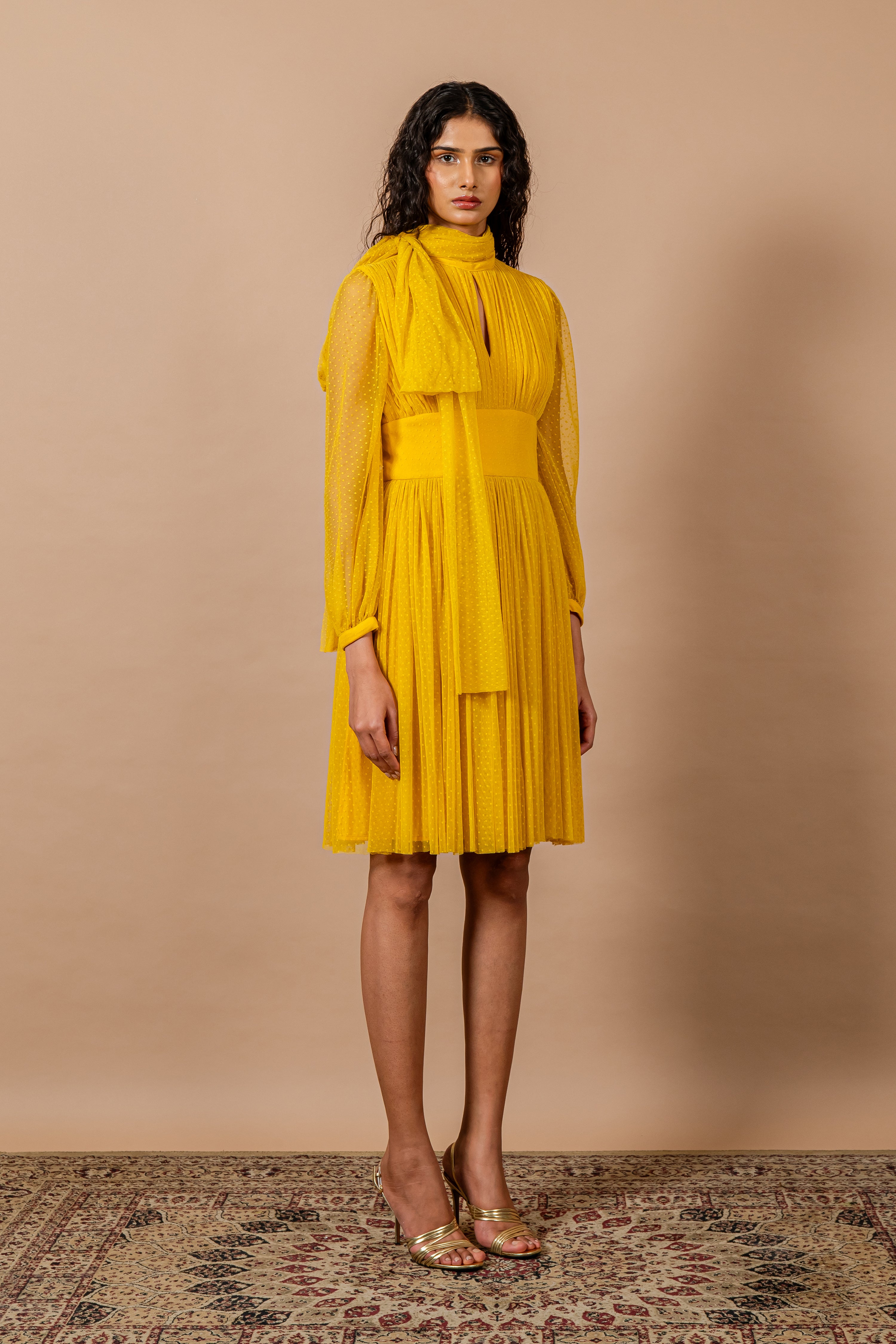 Yellow Band Neck Split Neck Tie Up Polka Lace Dress