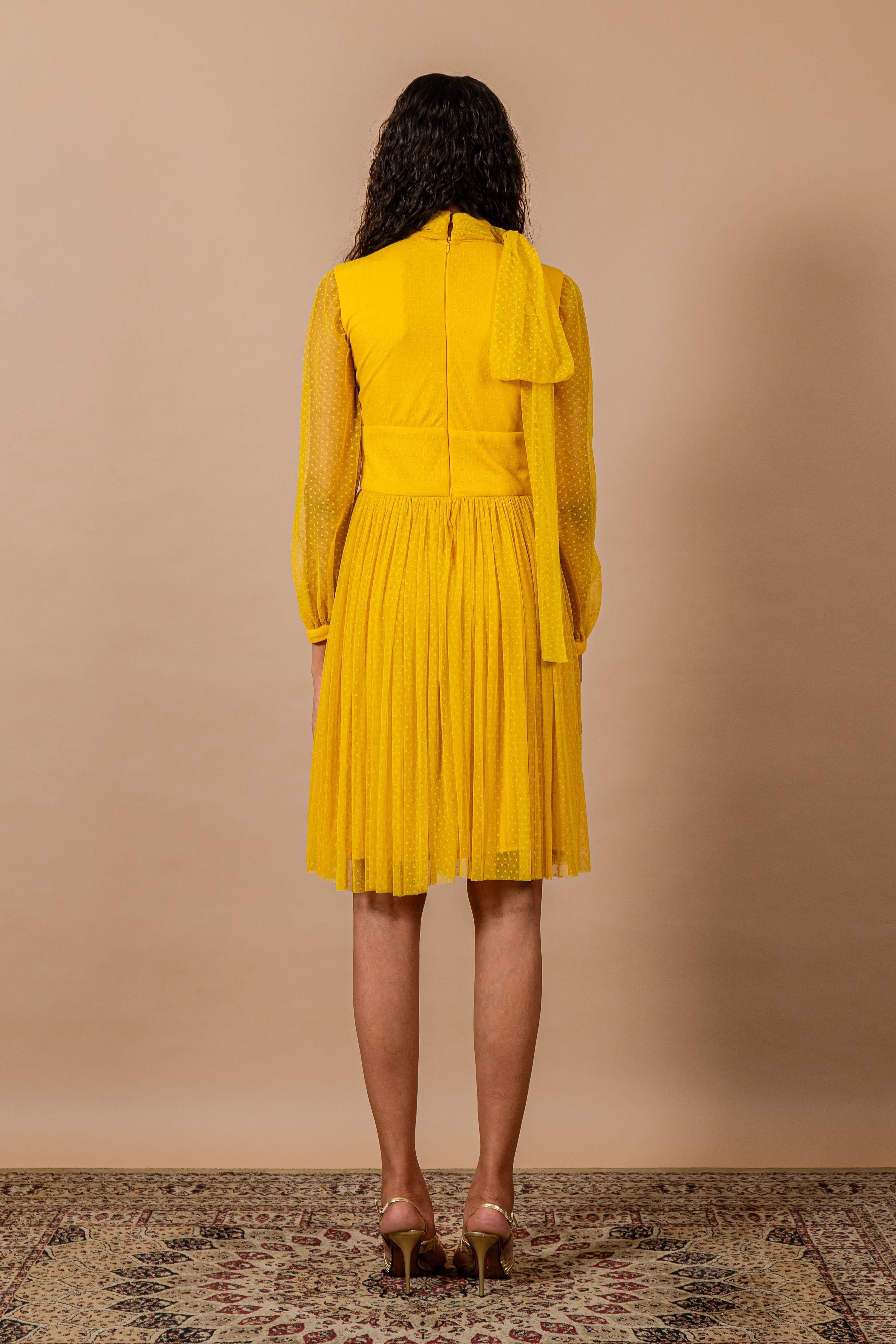 Yellow Band Neck Split Neck Tie Up Polka Lace Dress