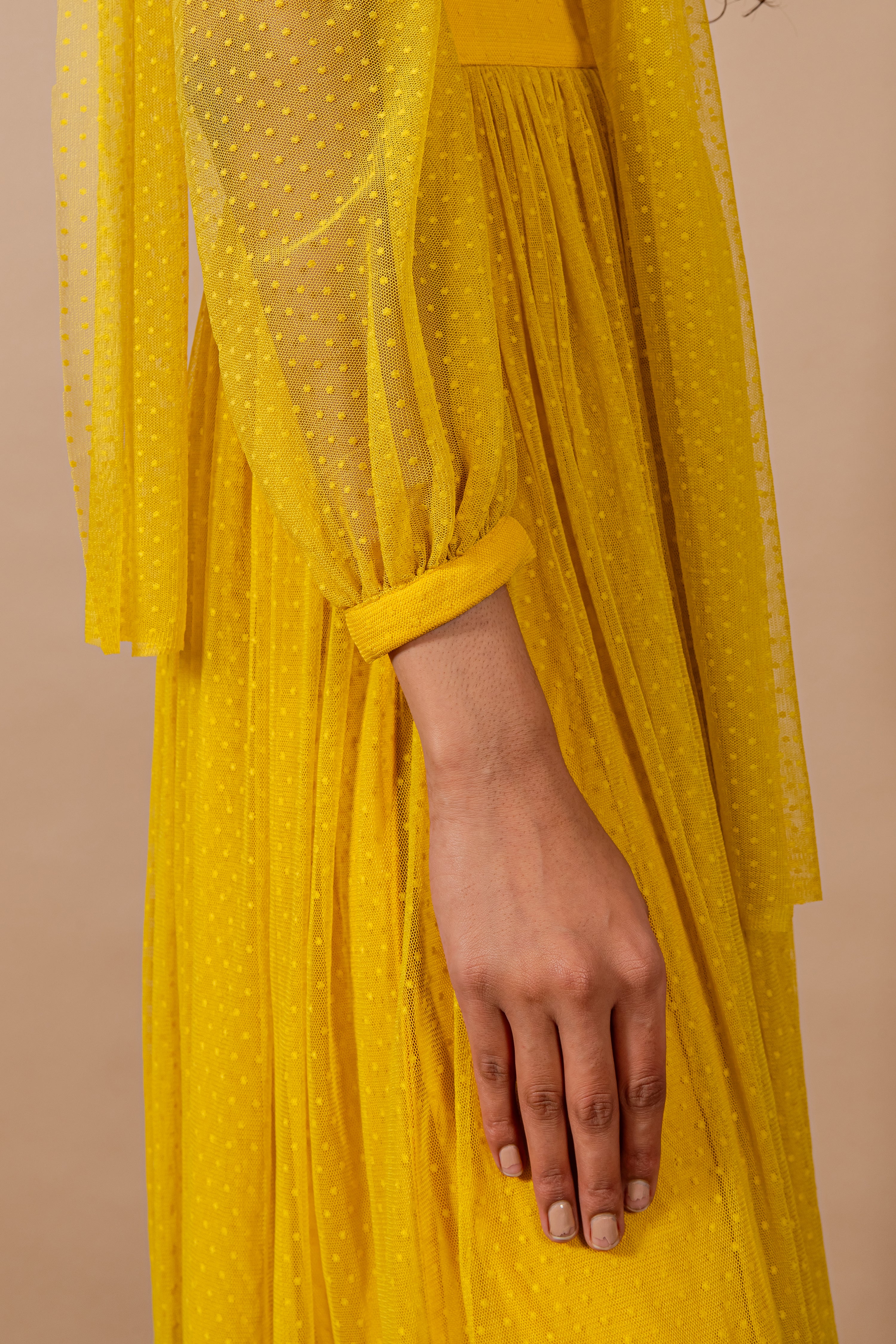 Yellow Band Neck Split Neck Tie Up Polka Lace Dress