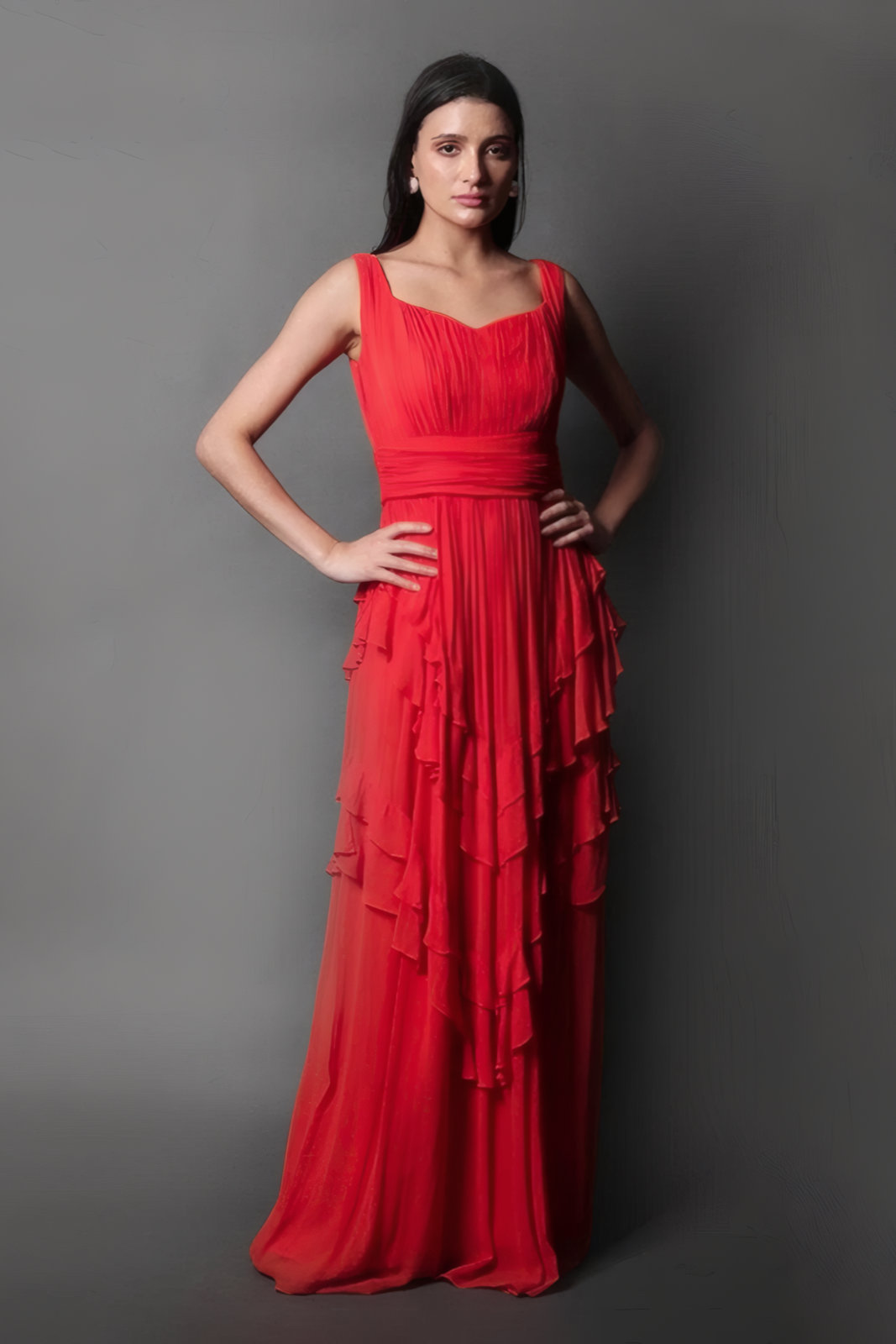 Diamante Neck Gown With Ruffles