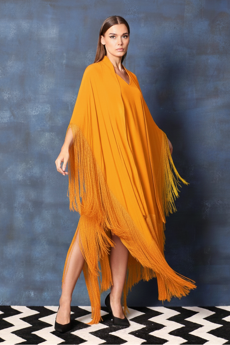 Scarf Collar V Neck Kaftan Asymmetrical Dress with Fringes