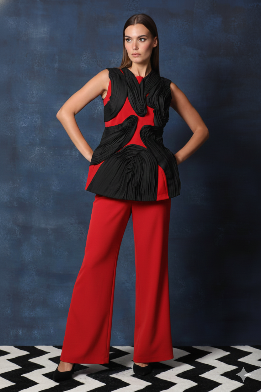 Ivory Textured Top with Black Flared Pants