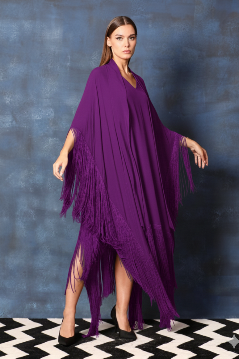 Scarf Collar V Neck Kaftan Asymmetrical Dress with Fringes