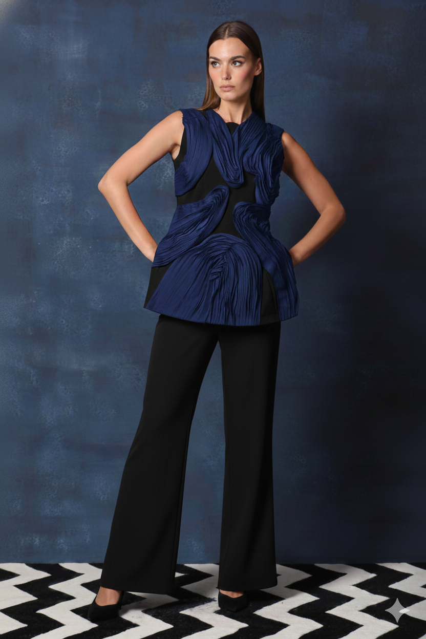 Ivory Textured Top with Black Flared Pants