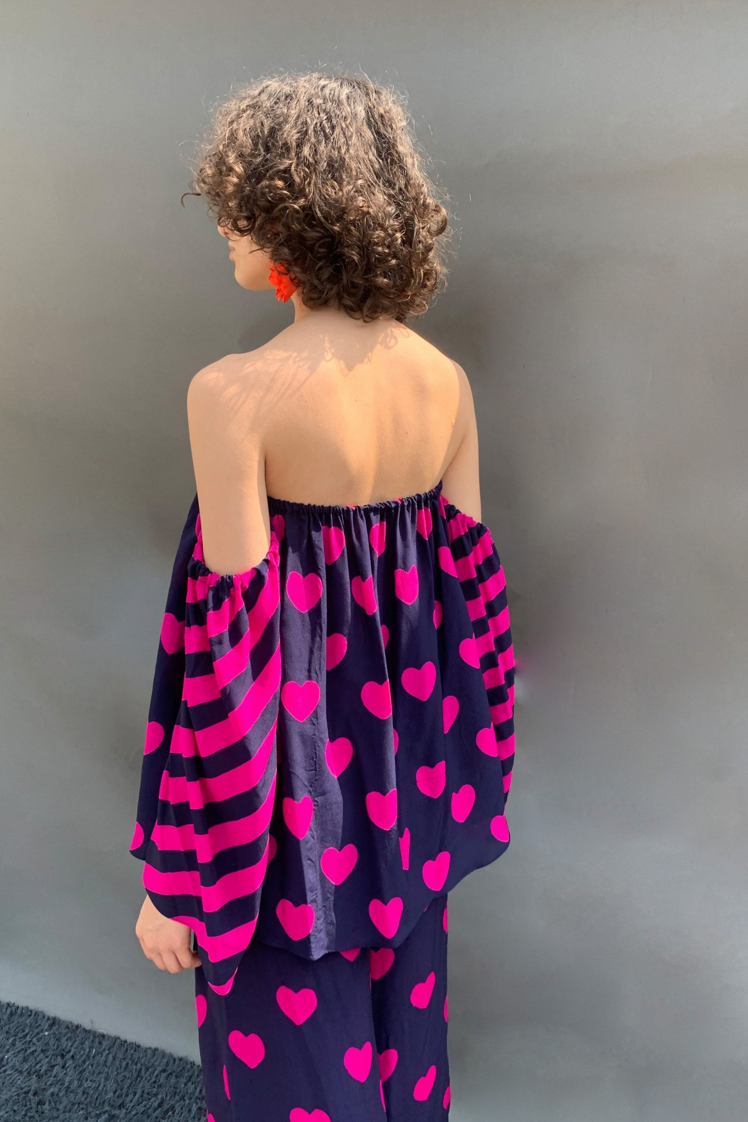 Off Shoulder Heart Printed Top With Wide Legged Pants Set