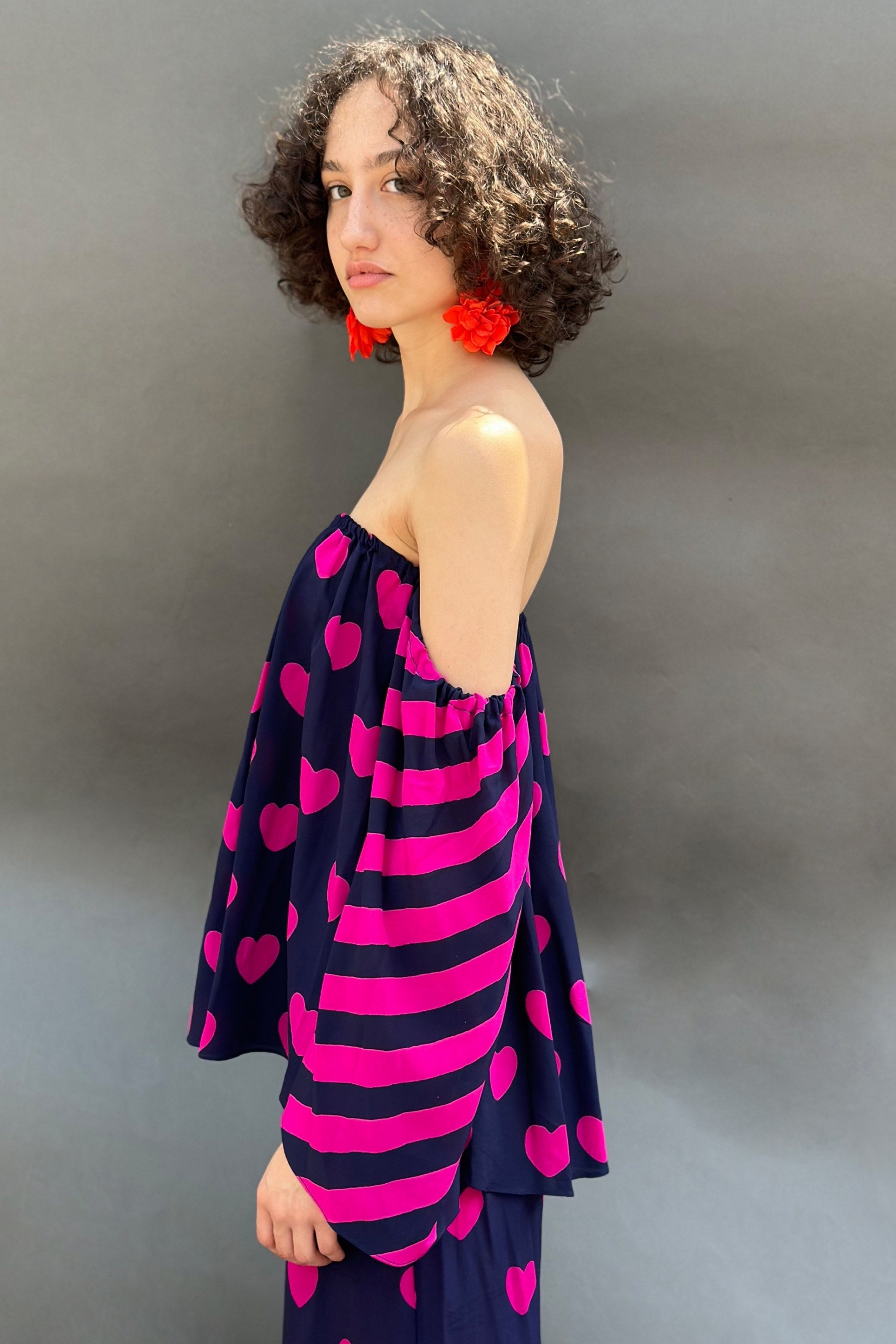 Off Shoulder Heart Printed Top With Wide Legged Pants Set