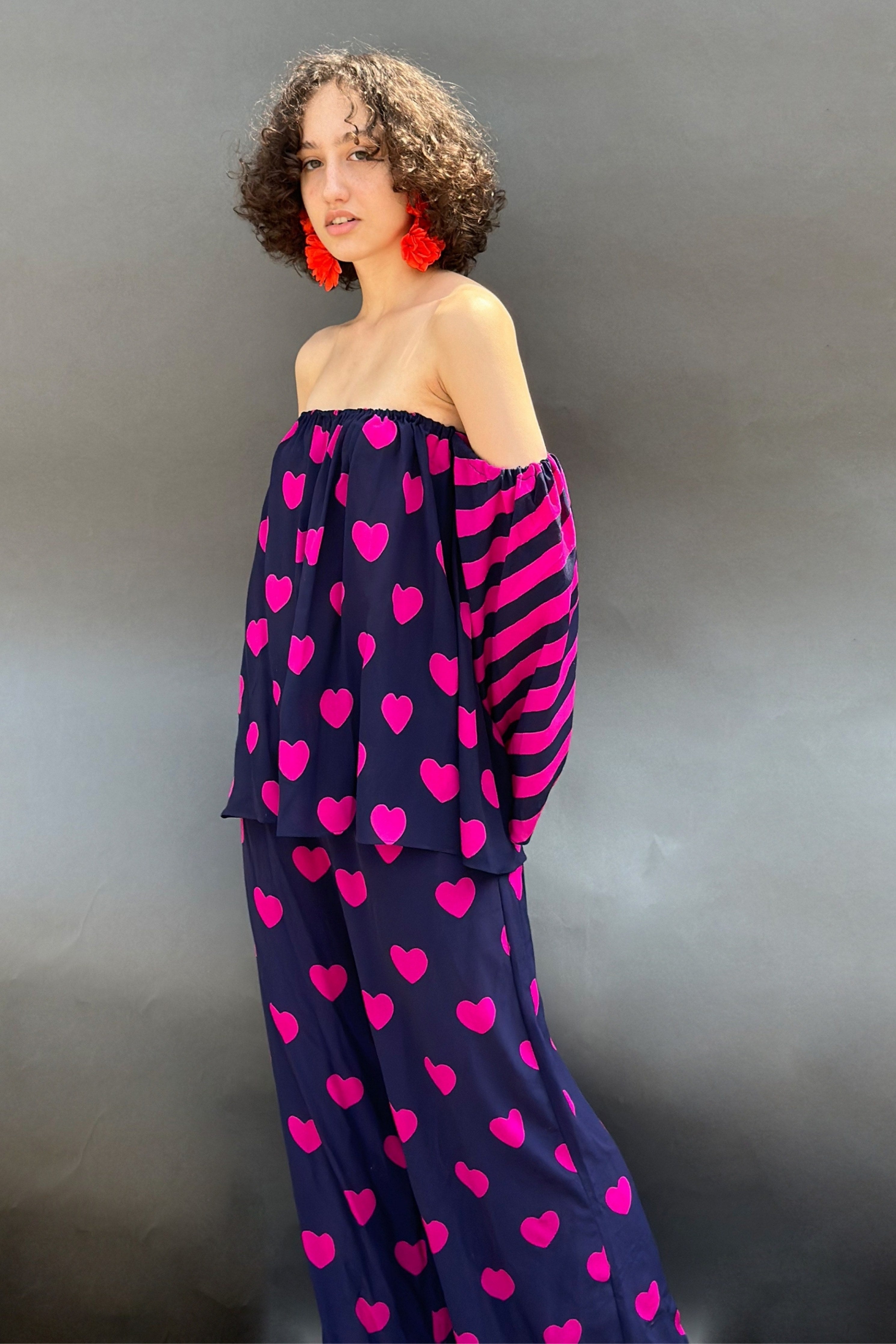 Off Shoulder Heart Printed Top With Wide Legged Pants Set