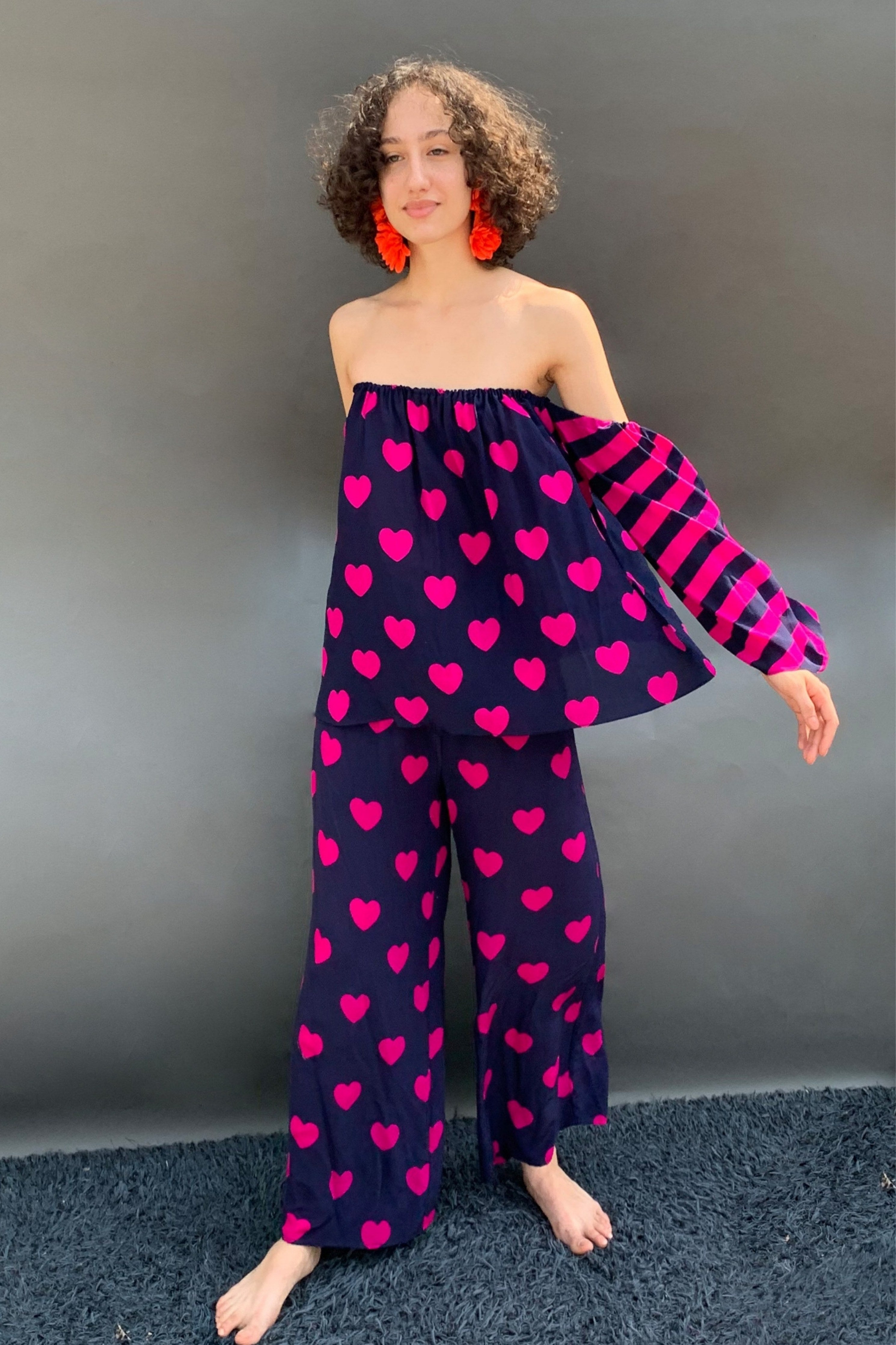 Off Shoulder Heart Printed Top With Wide Legged Pants Set