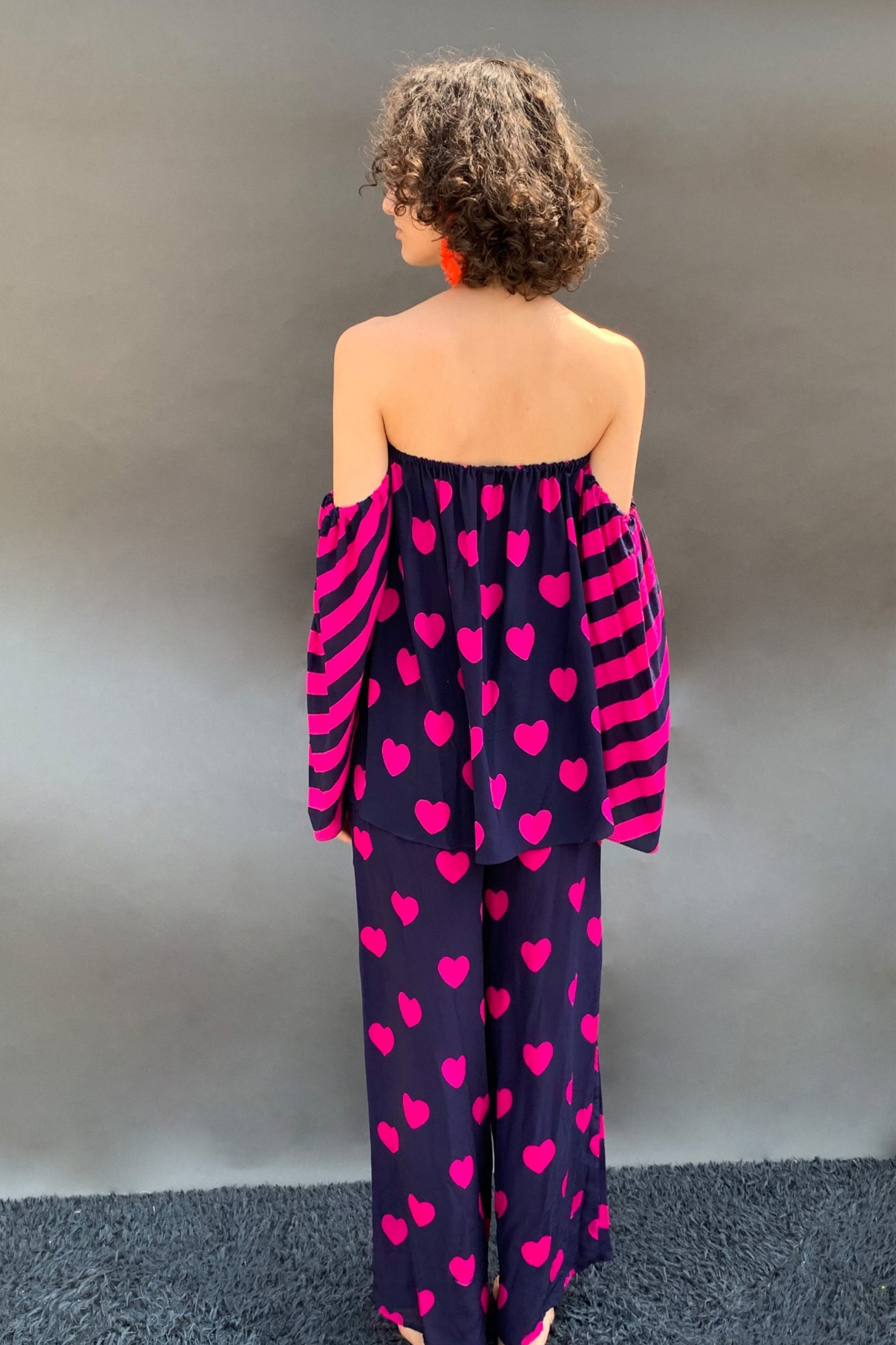 Off Shoulder Heart Printed Top With Wide Legged Pants Set