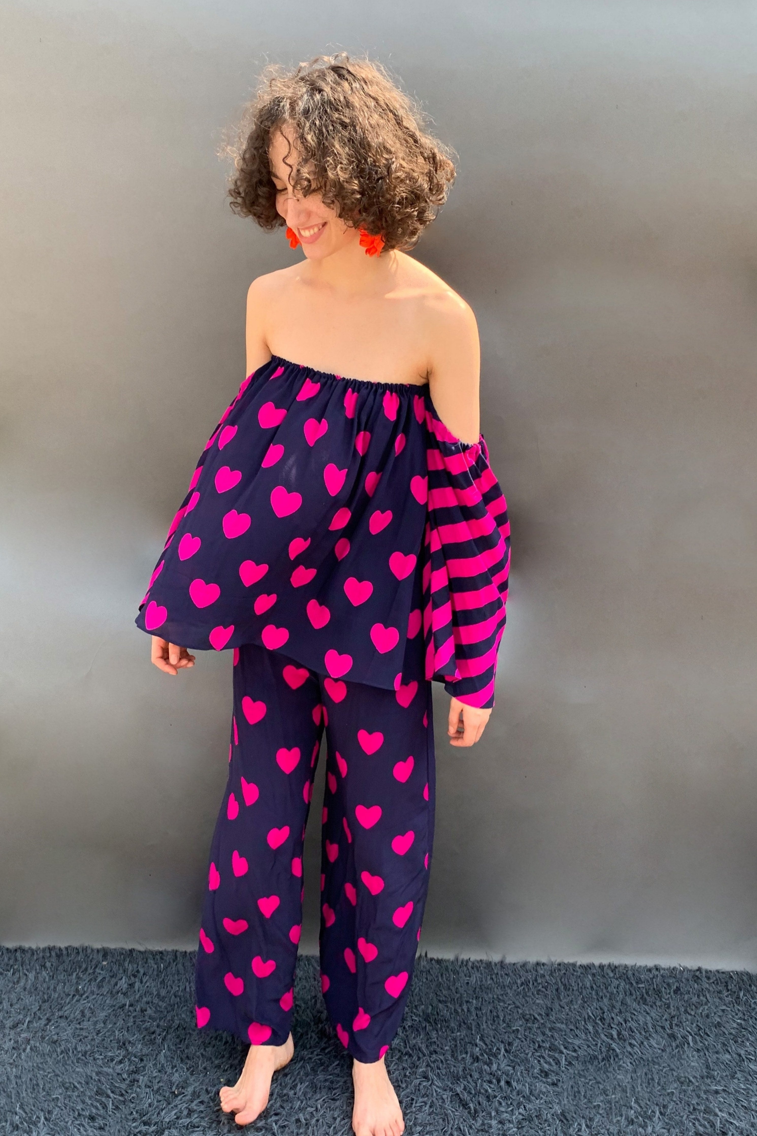 Off Shoulder Heart Printed Top With Wide Legged Pants Set